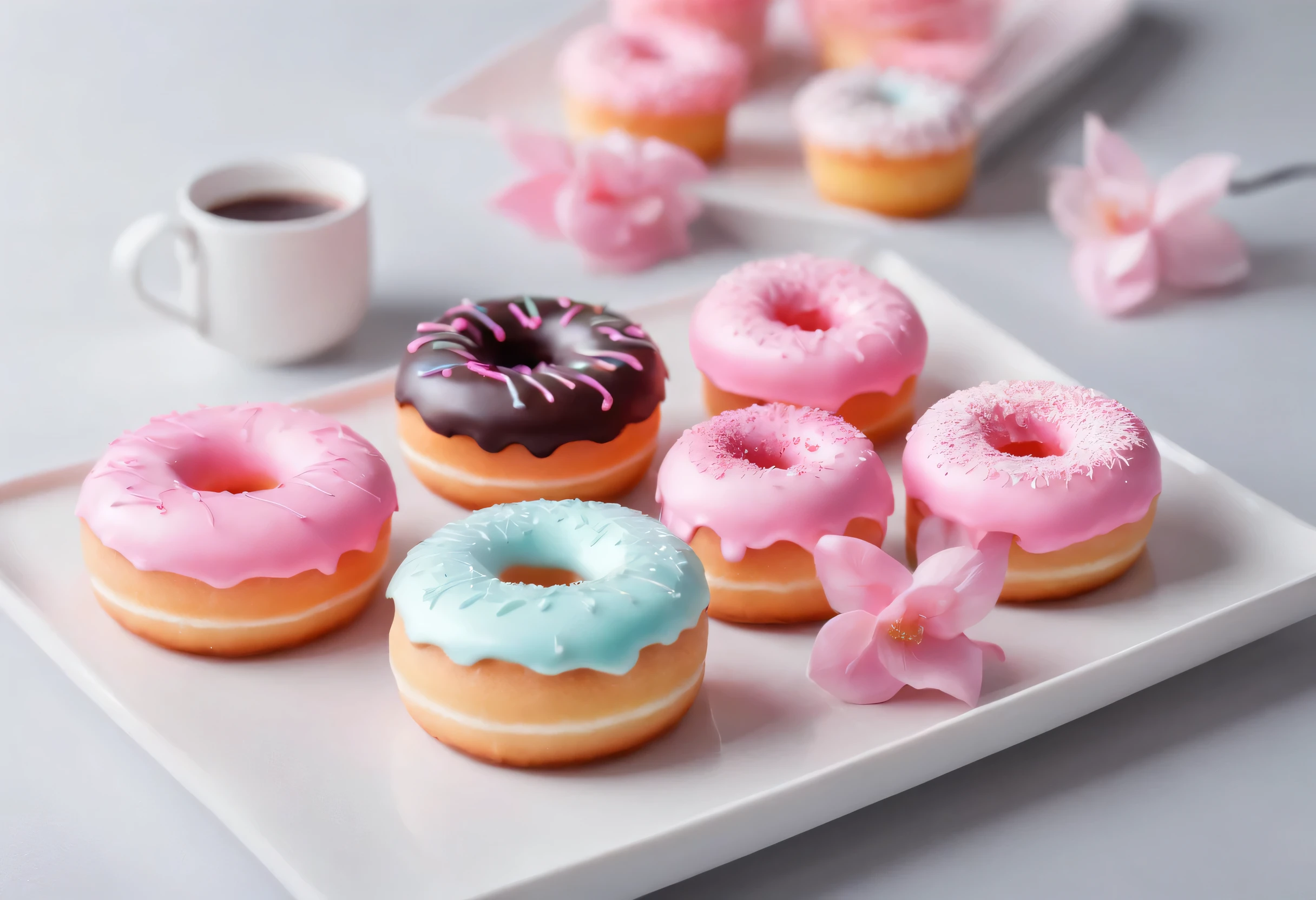 Various sweet foods such as donuts, steamed sponges, and other small cakes, with pink chocolate toppings on the same plate, blurred kitchen background