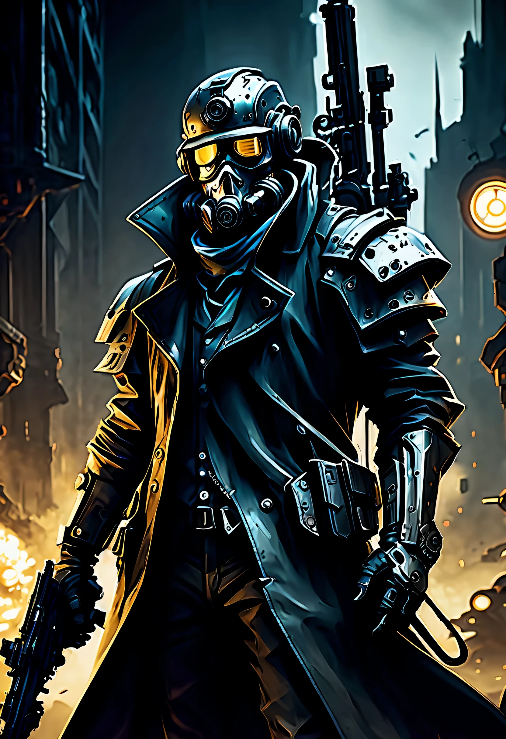 A stylish and cool illustration that combines cyberpunk and steampunk..Heroes from another world create a fearless atmosphere in a dark atmosphere., Rin々take a new pose, Skillfully use powerful brush strokes、hall々standing with。. It is a high-quality work of art that captivates the viewer with its intimidating atmosphere.。, high quality digital painting images, Accurate detail and stunning shading, Dynamic and edgy design. In a vividly detailed steampunk battlefield, The aftermath of brutal conflict comes to life with stunning accuracy. There are many burn marks at the scene., scattered corpses, Complex brushwork expressing the intensity of battle. High resolution illustrations, digital creation, Immersing viewers in a world where the remains of war are rendered in stunning realism。, Every element of dark fantasy coating, From twisted metal structures to fallen soldiers, depicted with some degree of accuracy, A truly breathtaking illustration has been completed..
