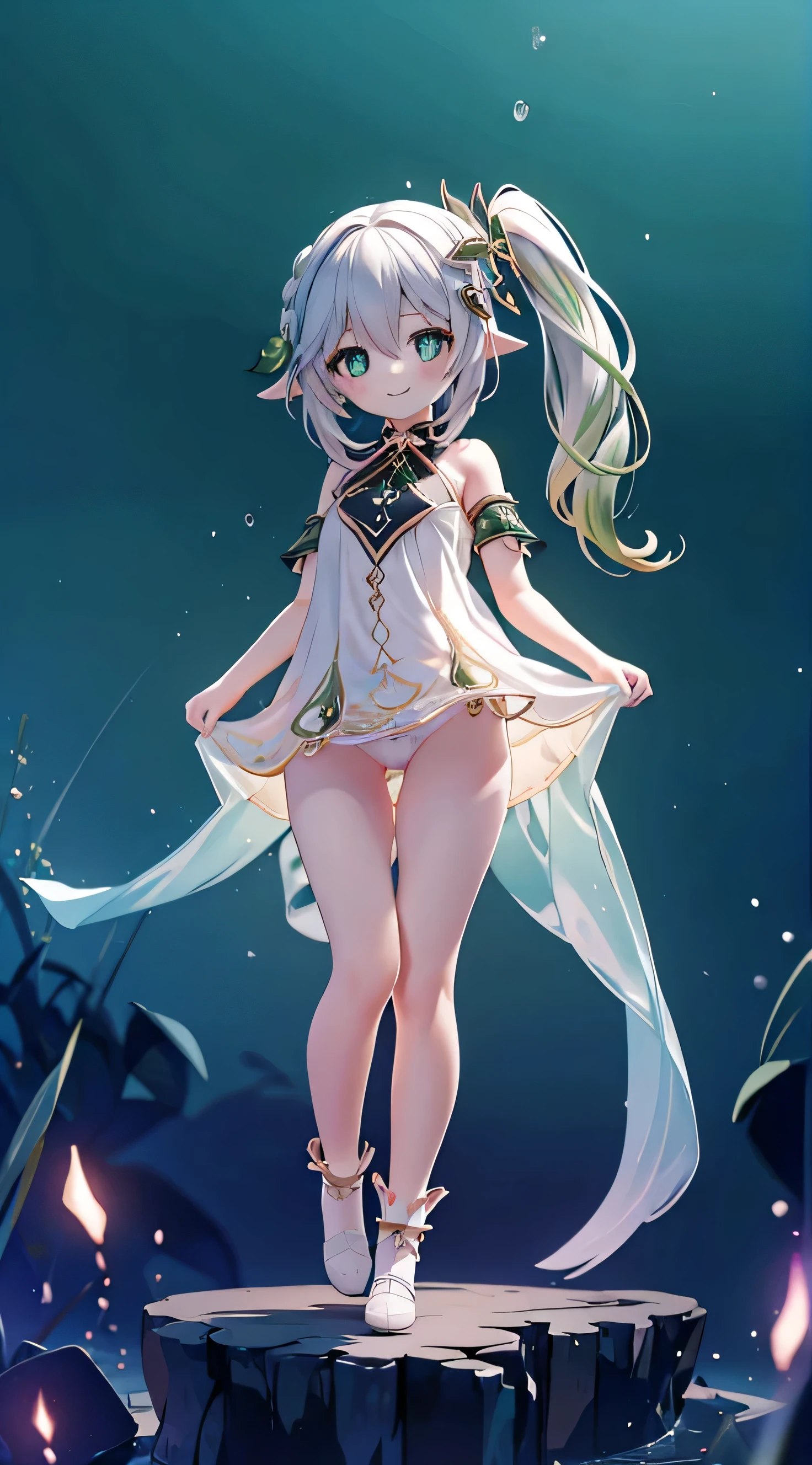 Nahida, children, flat chest, full body, thick thigh, holding skirt up, short dress, short skirt, cute panties, chemise, high-waisted skirt, good eyes, Smiling softly, underwear, perfect body ratio,HD lighting and dark )<=(epic image quality)dark atmosphere with bright particle light(many effects in background