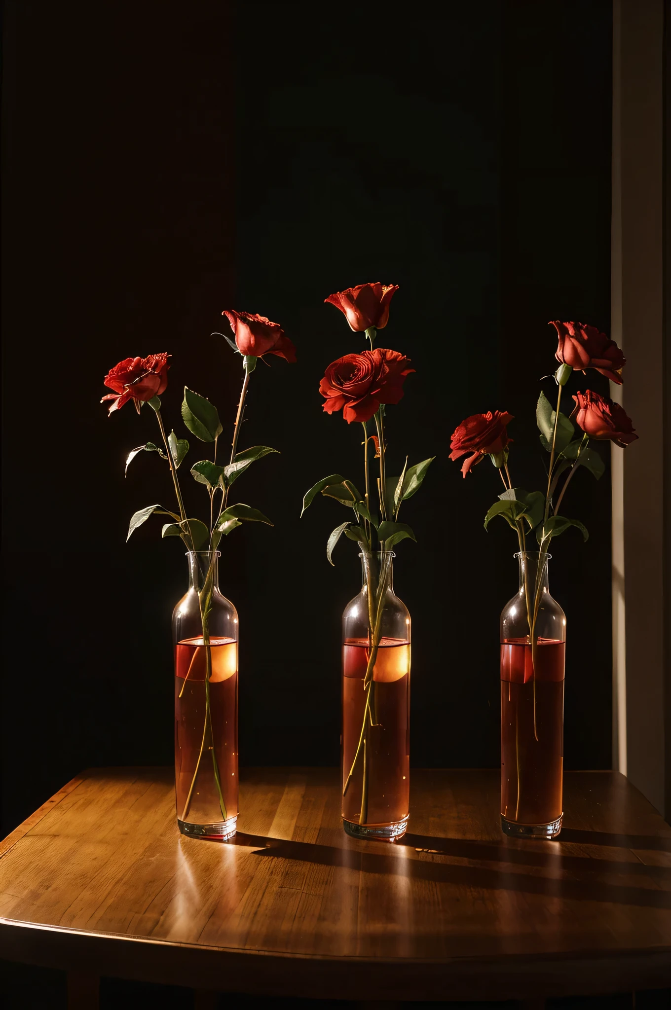 there are three red flowers in a clear vase on a table, red flowers, celestial red flowers vibe, red flower, flowers and stems, red selective coloring, inspired by Robert Mapplethorpe, vase with flowers, still life photography, in style of robert mapplethorpe, i dream of a vase flowers, paul barson, beautiful flowers, photography hyperrealism
