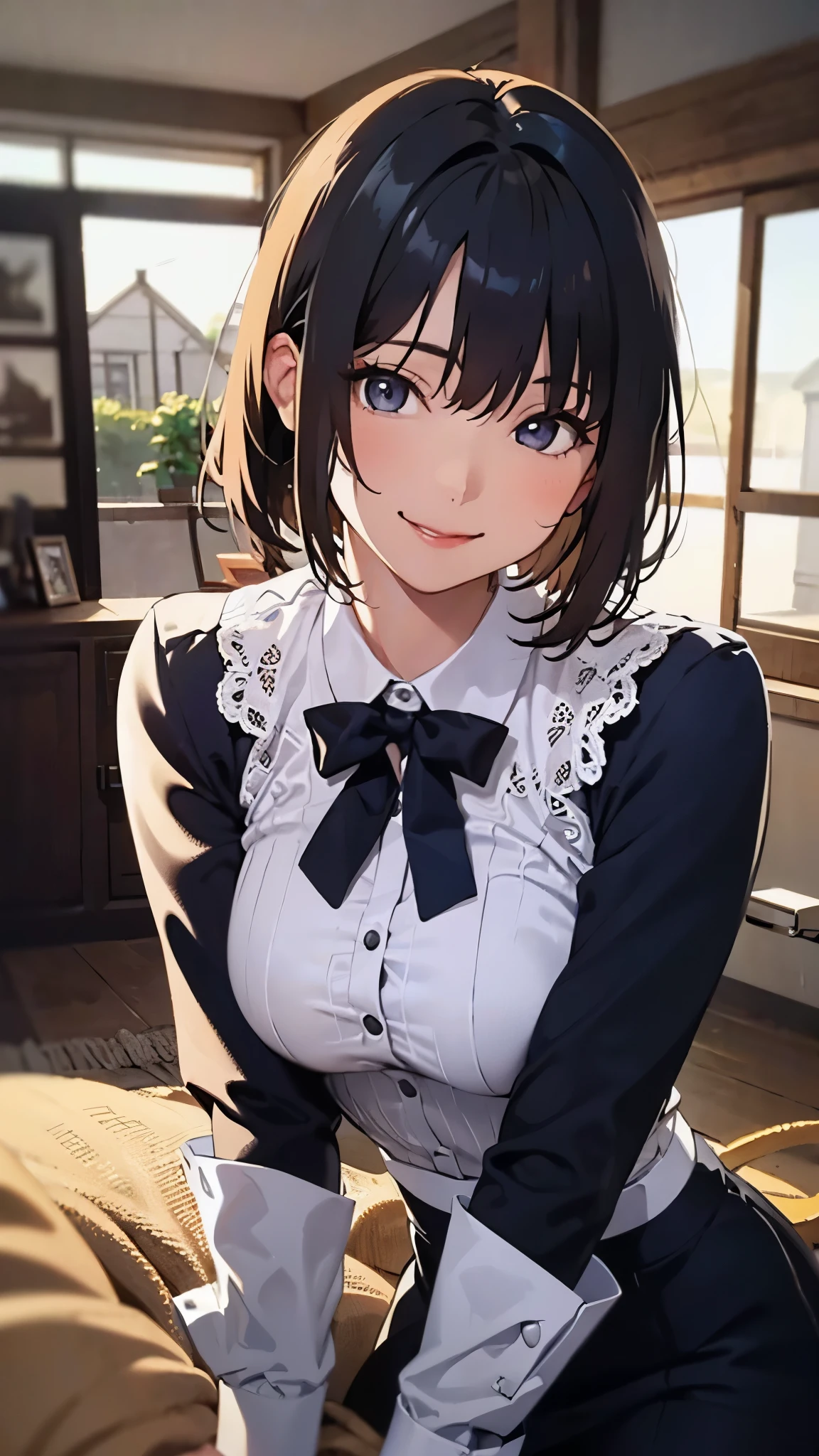 最好质量、1girl in、maid、garterbelts、sora、a cute 、Lustrous skin、24 years old、Shines、High contrast、Tempting、Sensual milf, 、lying in the bed、 big tit、White blouse、Black skirt、Sleeveless、White headband、short cut hair、Random angles、Smiling and mouth closed、Brown hair、Very beautiful eyes、Brown eyes、Attractive thighs、Cute costumes、24years old、Cute headband