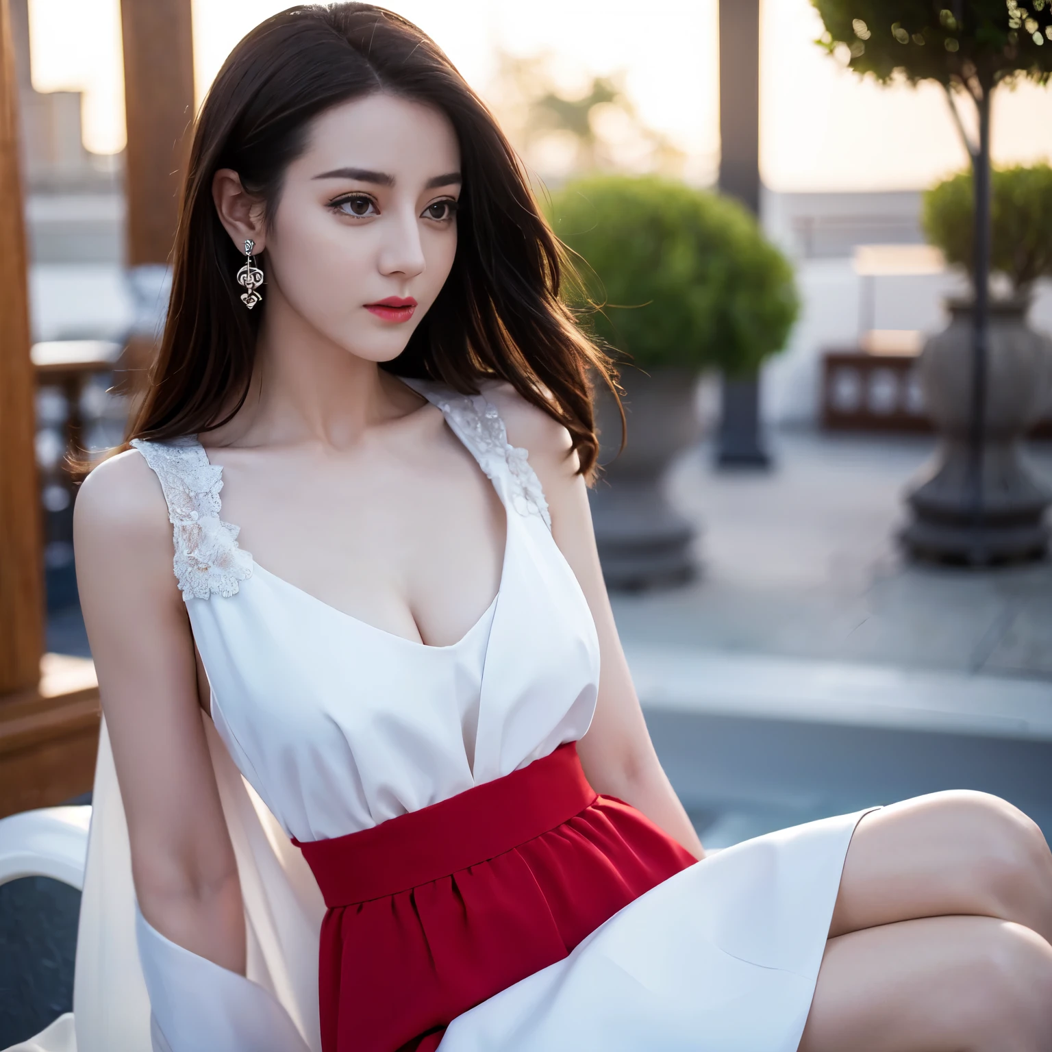 ((top quality、8k、​Masterpiece:1.3))、Extremely delicate and beautiful girl，full-body shot，huge breasts，bigger breasts，amazing breast size，H cup，Long skirts，sunset，sunset。Wear big earrings，Very white skin，moist red lips，Waist is very thin，Thighs are very thin，Big hips，Reveal a little，White and smooth skin，Smooth and fair skin，flawless skin，Fair and shiny skin，cold white skin，The camera focuses on the chest，bright light