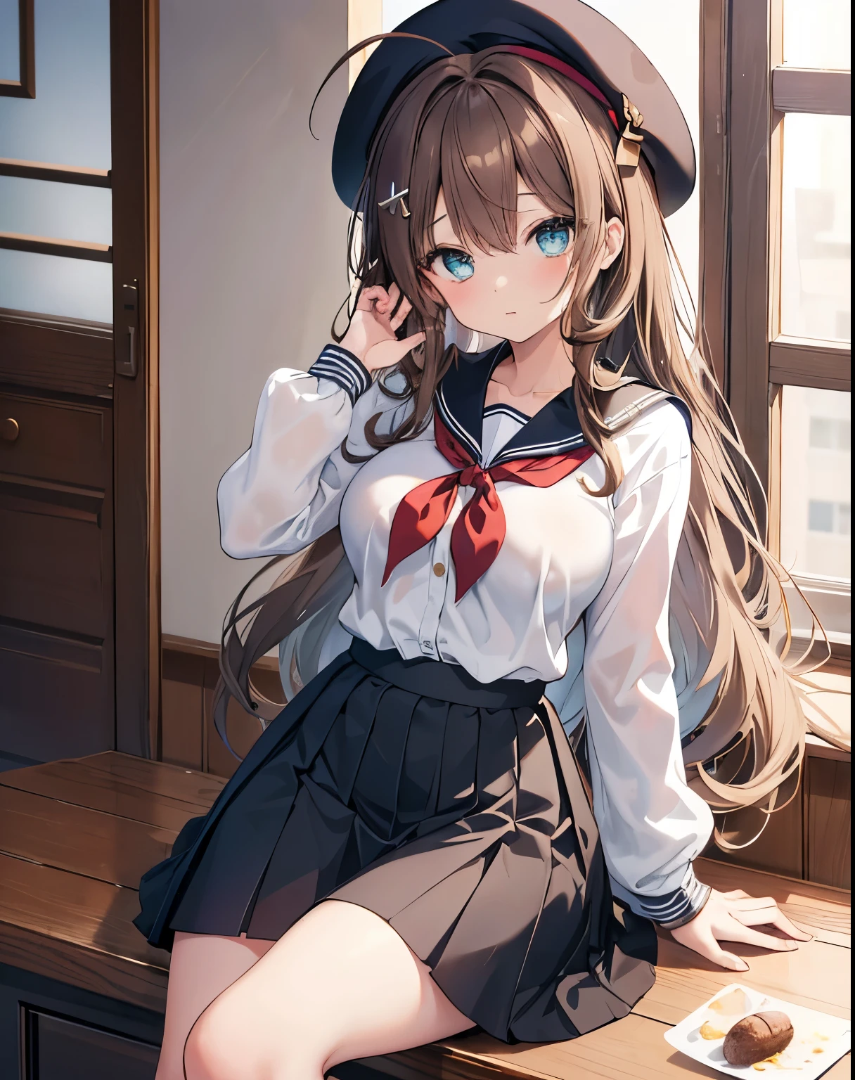 masterpiece,1girl, sparrow, a brown haired girl, wearing a sailor uniform, curly long hair, messy hair, black skirt, slim body, big breasts, she close her left eye, shirt ornament, ppai, plain expression, beautiful breasts, rounded breasts, aqua eyes, dress, miniskirt, sit at calssroom, ahoge, beret