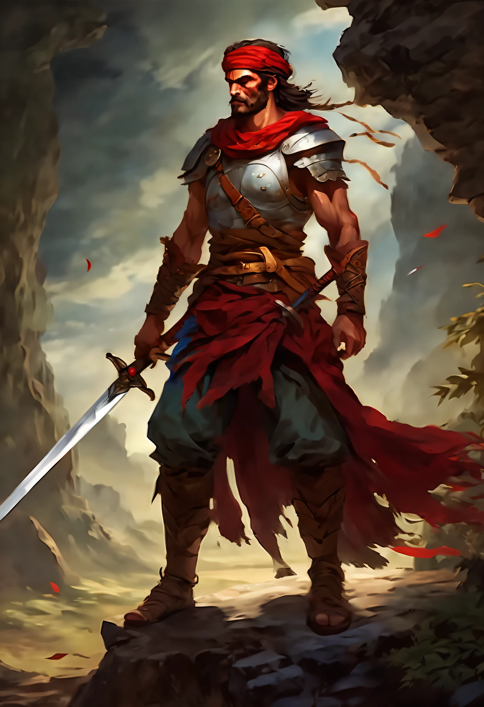 another worldの英雄の全身ショットの肖像画, carry a large ornamental sword, A fearless warrior with a fierce gaze, One eye is closed due to a sword wound., wearing an old crimson headband. High-quality illustrations that give a sense of mystery and strength, and bold brushstrokes add even more power, The weathered faces of the warriors、tell the story of the battles and hardships endured, The determination emanating from their unique presence、Makes the viewer think deeply。, The fine background details are amazingly beautiful., another world, Exotic lands, dark fantasy atmosphere, Cool cinematic lighting and nature, bold, rich color details, (((perfect anatomy:1.3))),