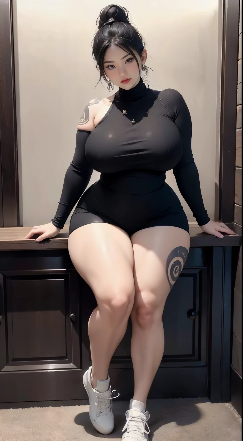 ((best quality)), ((masterpiece)), (detailed), perfect face, Beautiful, mother-in-law, asian-Indonesian , voluptuous, wearing random clothes (formal), In the black room, seductive expression, chubby body, nice body, milf chubby, chinese-Indonesian. Full body, big arm, wide hips , wearing a sneakers, bob hairstyle,  , chubby cheeks, 35 year old, chubby tall woman, tattooed thighs , yakuza tattoos , big thighs, big armpits , chubby massive cheeks , thick neck, cold atmosphere, low light, wavy short haired, big breasts, showing her armpits , thick woman , turtleneck, thick woman . Full body, wearing shorts pants 