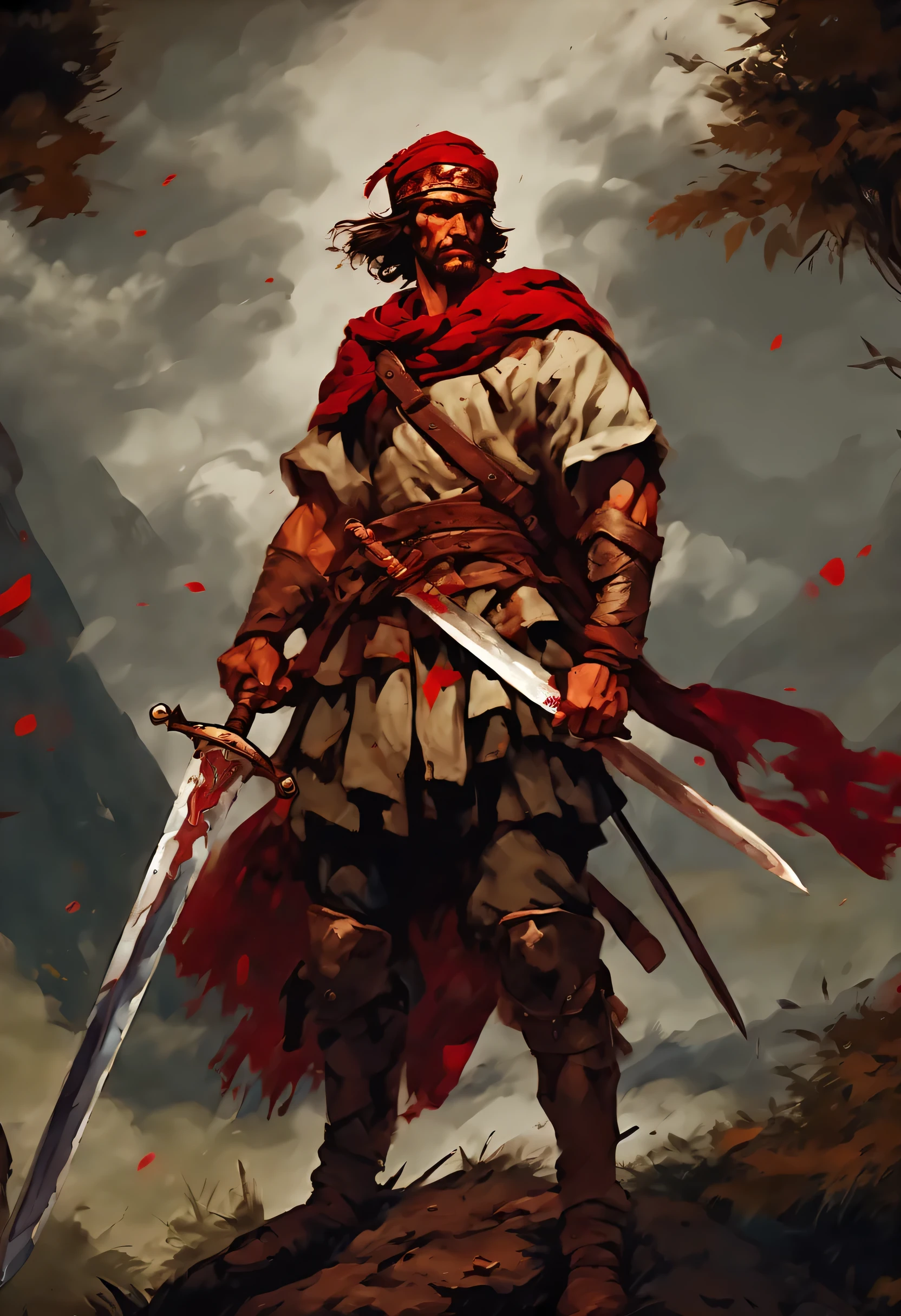 another worldの英雄の全身ショットの肖像画, carry a large ornamental sword, A fearless warrior with a fierce gaze, One eye is closed due to a sword wound., wearing an old crimson headband. High-quality illustrations that give a sense of mystery and strength, and bold brushstrokes add even more power, The weathered faces of the warriors、tell the story of the battles and hardships endured, The determination emanating from their unique presence、Makes the viewer think deeply。, The fine background details are amazingly beautiful., another world, Exotic lands, dark fantasy atmosphere, Cool cinematic lighting and nature, bold, rich color details, (((perfect anatomy:1.3))),