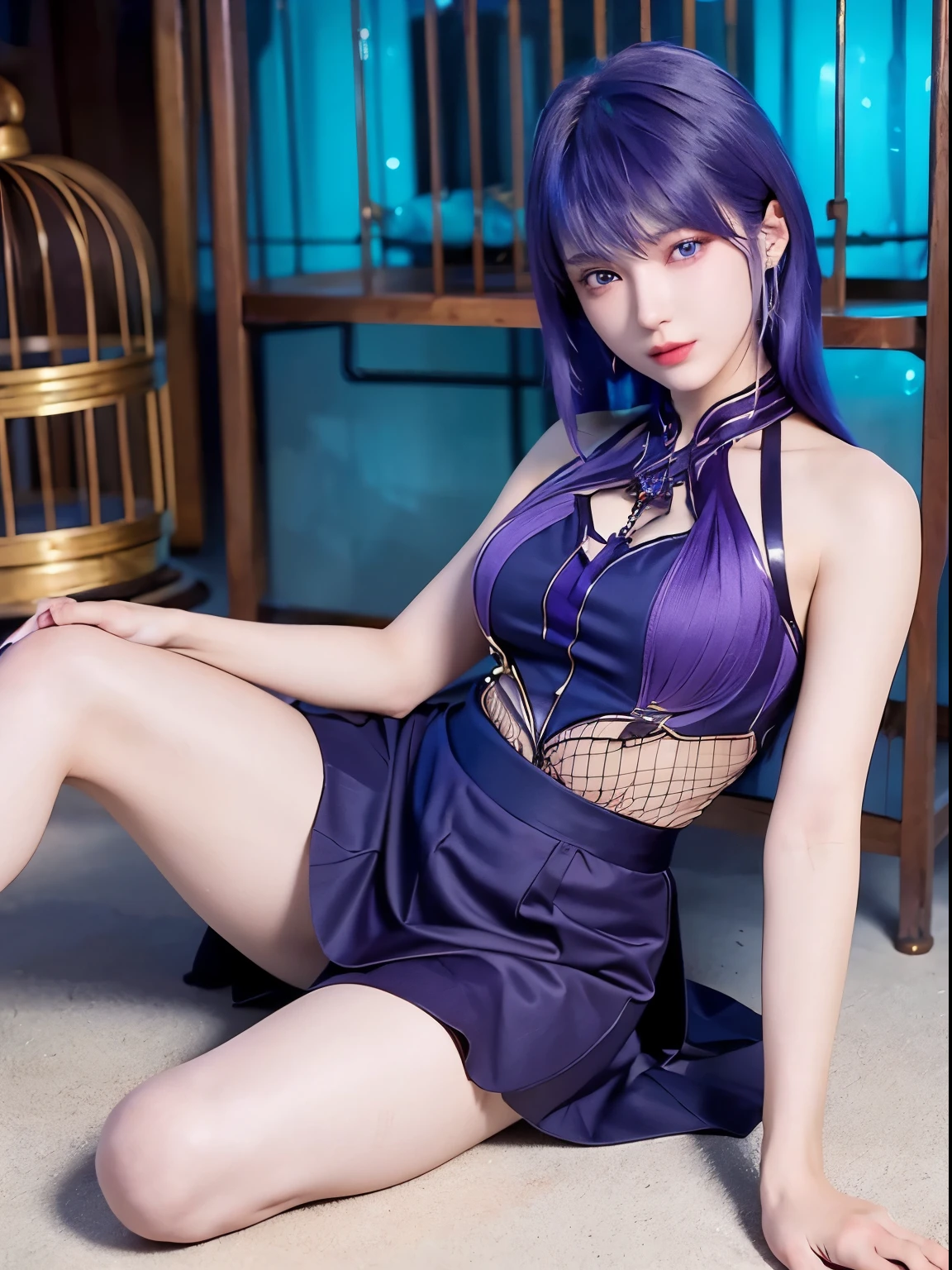 young girl, kim chaewon as a sexy young girl, full body view, fullbody, full body, kim chaewon is a girl, 1girl, forest background, kim chaewon, girl, small breast, figure, long blue hair, violet purple eyes, face front, tight pirate clothes, emotional face, make up, masterpiece, best quality,