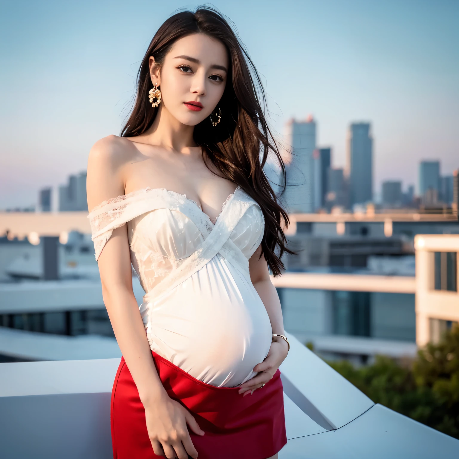 ((top quality、8k、​Masterpiece:1.3))、Extremely delicate and beautiful girl，full-body shot，huge breasts，bigger breasts，amazing breast size，H cup，nine months pregnant，maternity skirt，miniskirt，sunset，sunset。Wear big earrings，Very white skin，moist red lips，Waist is very thin，Thighs are very thin，Big hips，Reveal a little，White and smooth skin，Smooth and fair skin，flawless skin，Fair and shiny skin，cold white skin，The camera focuses on the chest，bright light