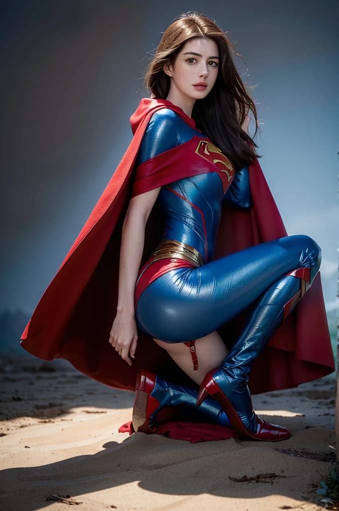 Anne Hathaway has long brown hair，White skin，Big breasts and ，long legs，slender legs，Wearing a blue shiny full-coverage tight-fitting Superman suit，Red over-the-knee boots，red cloak，Kneel in the mire，Body facing the camera，Clothes covered with mud stains，Realistic style，full body picture