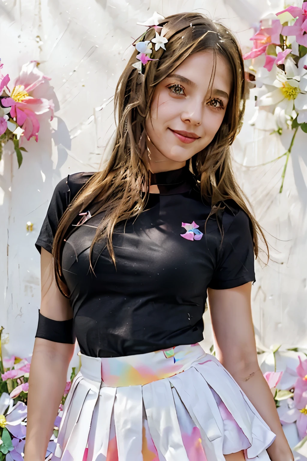 Long brown hair down and black eyeliner pink lips in a tight pink shirt and white skirt with a little smile and bright rainbow flowers around her  and the background black