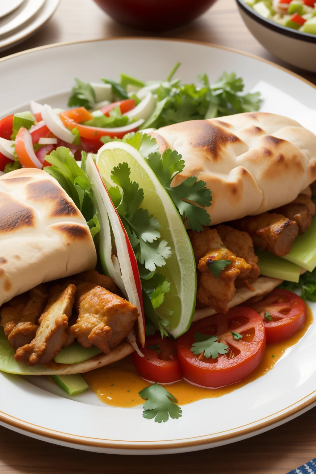 A scrumptious and authentic Arabic shawarma, artfully presented on a plate, with juicy, tender meat delicately sliced and wrapped in soft, warm pita bread. beside it, the vibrant Saudi flag waves proudly, its colors rich and vivid in the high-resolution, full HD image. The realistic rendering of the shawarma's enticing ingredients, including crisp vegetables and savory sauces, invites the viewer to indulge in the tantalizing Middle Eastern dish. 8K resolution offers an unparalleled level of detail, bringing every aspect of the scene to life in stunning clarity. --auto --s2
