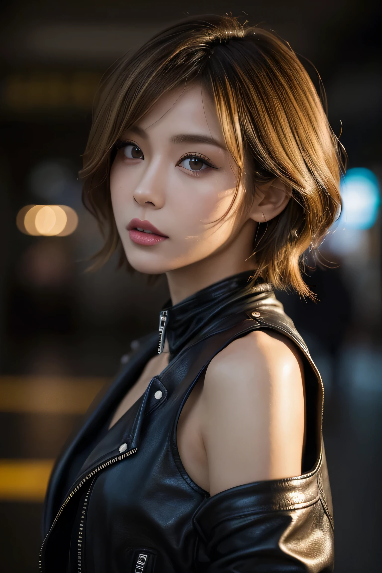 Highest quality、masterpiece:1.2、(Realistic、Realistic:1.37)、One Girl、cute、Cityscape、night、rain、Wet、Professional Lighting、Photon Mapping、Radio City、Physically Based Rendering、Gradient brunette hair、Short Curly Hair、good looking、White ball set、Excellent image quality、High resolution、1080P、(Clear Face)、(Detailed face description)、(Detailed hand description)、(Masseter region)、(Exquisite CGI)、 Extreme light and shadow、My hair is messy、masterpiece、Rich details、(Exquisite facial features)、(Best image quality)、(masterpiece)、(Eye on the details)、Looking forward to meeting you、Delicate clavicle、Leather Belt、((Leather Dresses))、