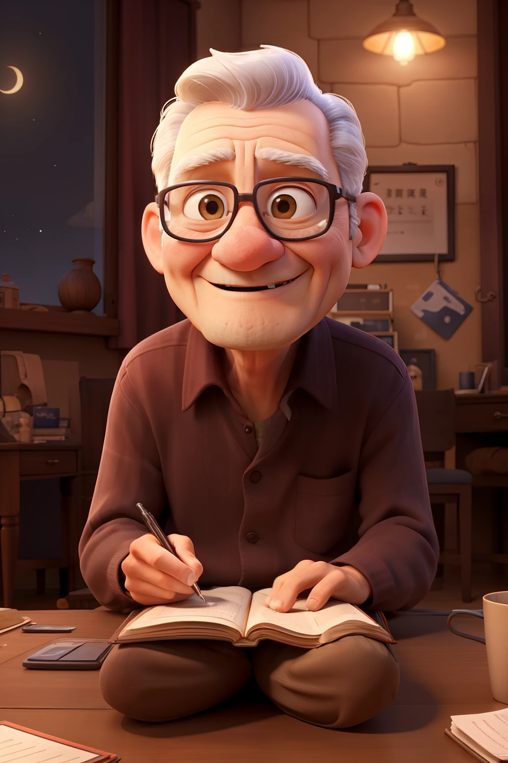 night。at home。Grandpa sitting and writing