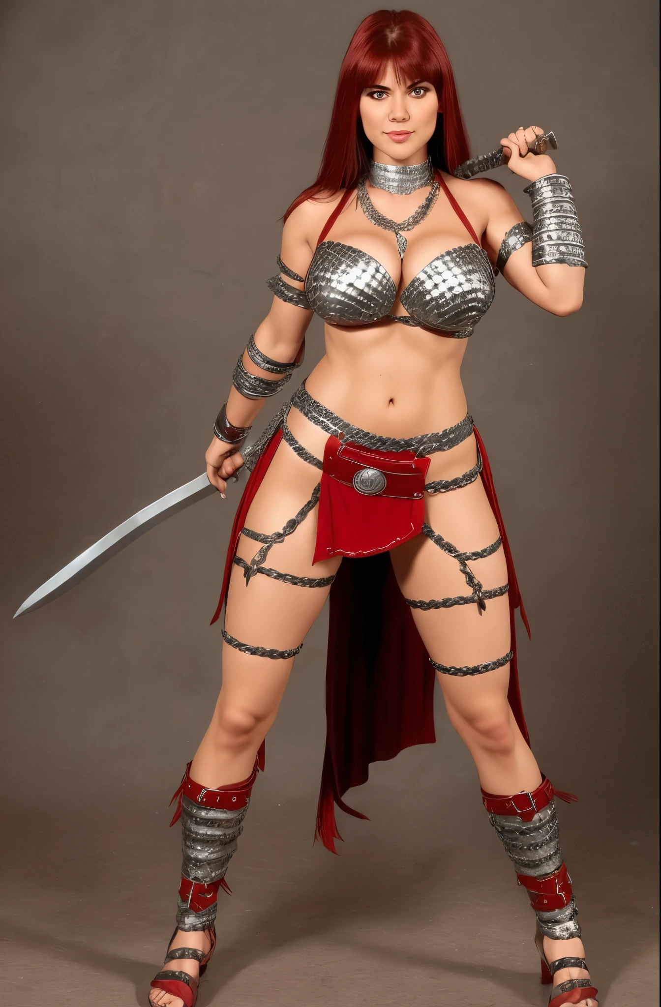 1girl, barbarian woman,  seductive pose, red monica, red sonia, xena, silver chainmail bikini, silver chainmail skirt, full body shot