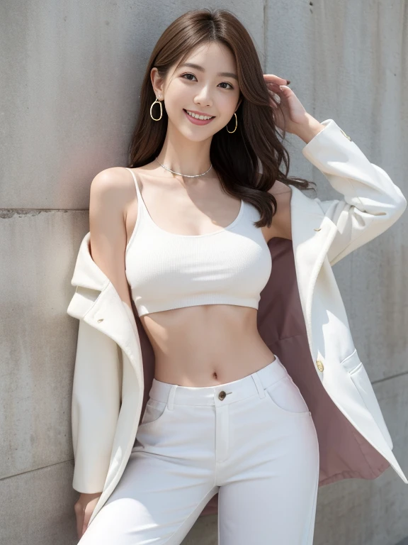 1 Japan Woman, Leaning against the wall, big breasts, alone, white pants, white blouse, white jacket, long hair, navel, red eyes, Off the shoulders, collar, Smile, jewelry, looking at the audience, earrings, open your clothes, blonde hair, split, Grinning, diaphragm, bare shoulders, clavicle, sleeveless,