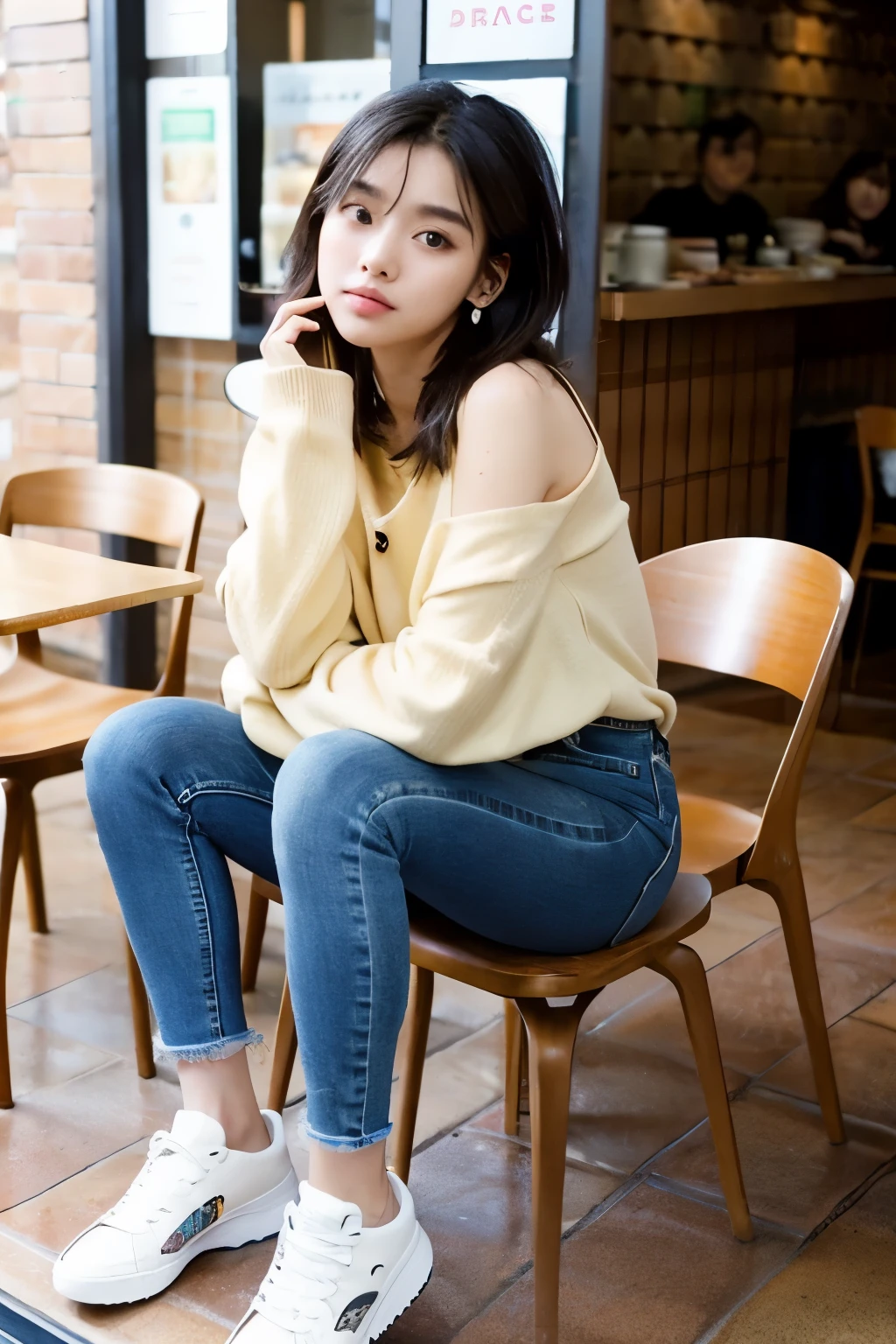 ((highest quality)), ((masterpiece))、A neat and beautiful woman sitting on a chair at a coffee shop、blouse、skinny denim、sneakers、full body photo、ear piercing、Hairstyle Half Up、put a jacket on your shoulders