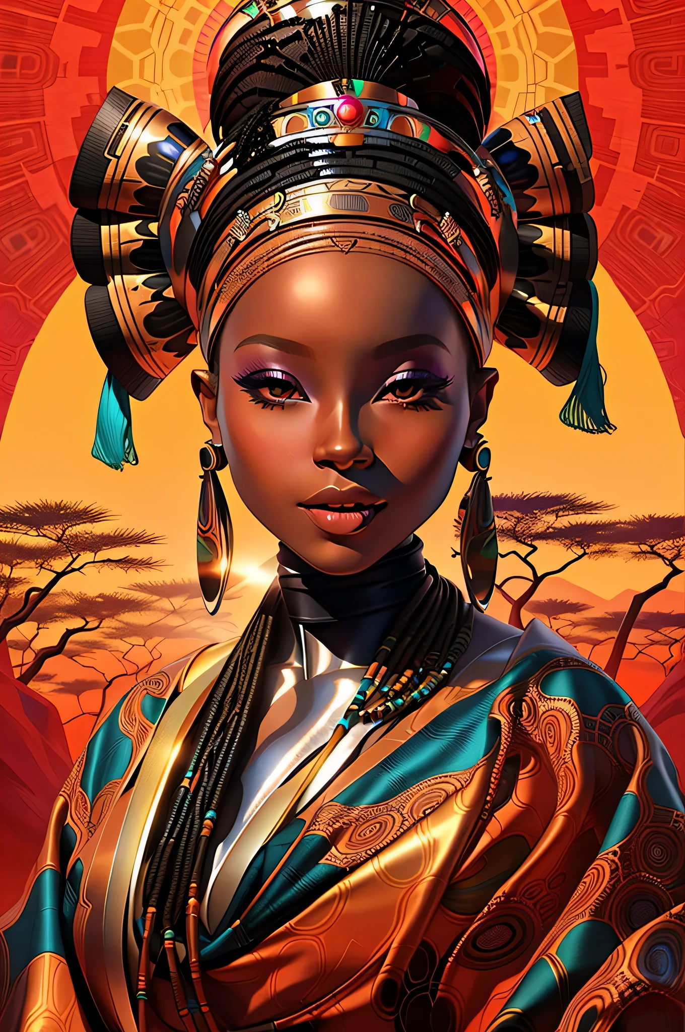 painting of a woman with a headdress and a scarf, black african princess, african queen, african woman, stunning african princess, african princess, african, stunning digital illustration, beautiful futuristic himba woman, futuristic himba young woman, african arts, beautiful digital artwork, beautiful digital illustration, a beautiful artwork illustration, afrofuturism, stunning artwork, rossdraws | afrofuturism