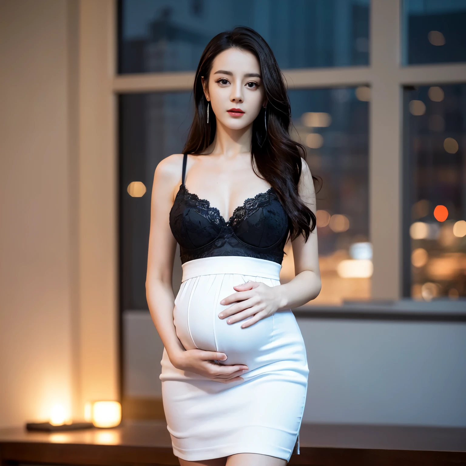 ((top quality、8k、Masterpiece:1.3))、Extremely delicate and beautiful girl,full-body shot,huge breasts,bigger breasts,amazing breast size,H cup, pregnant,maternity skirt,miniskirt,sunset,sunset。Wear big earrings,Very white skin,moist red lips,Waist is very thin,Thighs are very thin,Big hips,Reveal a little,White and smooth skin,Smooth and fair skin,flawless skin,Fair and shiny skin,cold white skin,The camera focuses on the chest,bright light