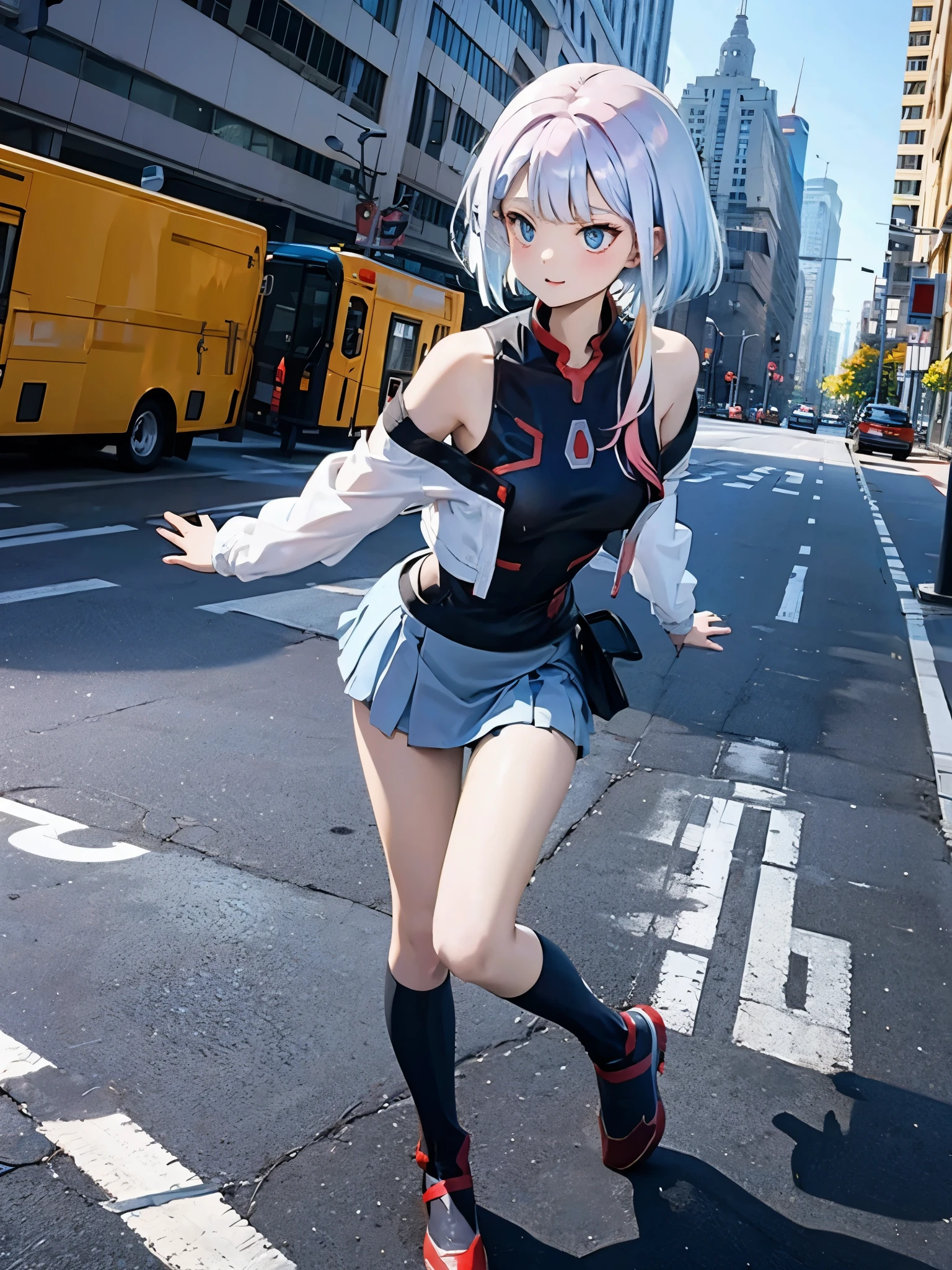 anime girl, white short hair, blue mini skirt, red top with no sleeves, cleavage, middle of street, Lucy