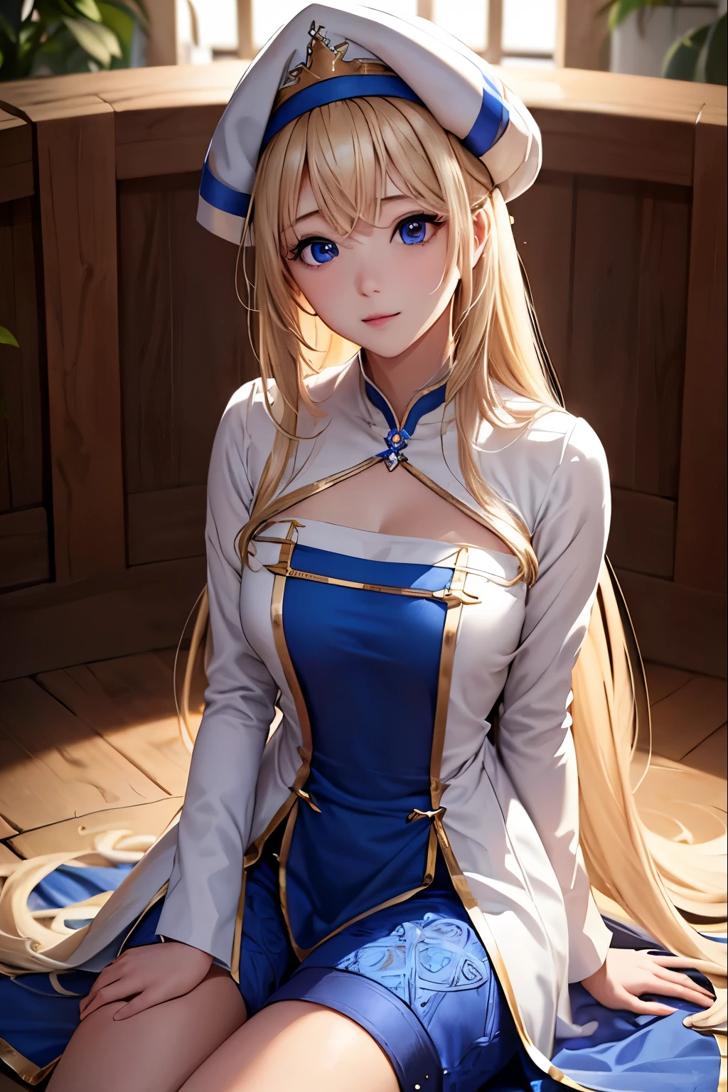 white backgrounid、Intricately detailed,[3D images:1.35] priestess, blondehair, Blue eyes、Kawaii Girl, ((full-body view))、Realistic portrayal, (Best Quality,8ＫImagen,High resolution:1.2), Long hair, hat,, BREAK looking at viewer,Blake City,Blue and white robe(Queen Watts on the right、Bring the sacred staff to the fore)、 (masutepiece:1.2), Best Quality, hight resolution, Unity 8k壁纸, (Illustration:0.8), (Beautiful detailed eyes:1.6), extra detailed face, Perfect Lighting, extremely details CG, (Perfect hands, Perfect Anatomy),extremely details CG、perfect detailed、very delicate light、Fine and detailed eyes and detailed face Beautiful detailed eyes、(Detailed body)、A detailed face、(colourfull)、beautiful detailed hair、See here,[3D images:1.35] priestess, blondehair, Blue eyes、、Chain mail on the body、Kawaii Girl, full-body view、a black skirt, ((beautiful legs)), ((Stilet Heels)),Standing upright with one leg in front of the other,face focus, ((blush)), 25 years old, 


