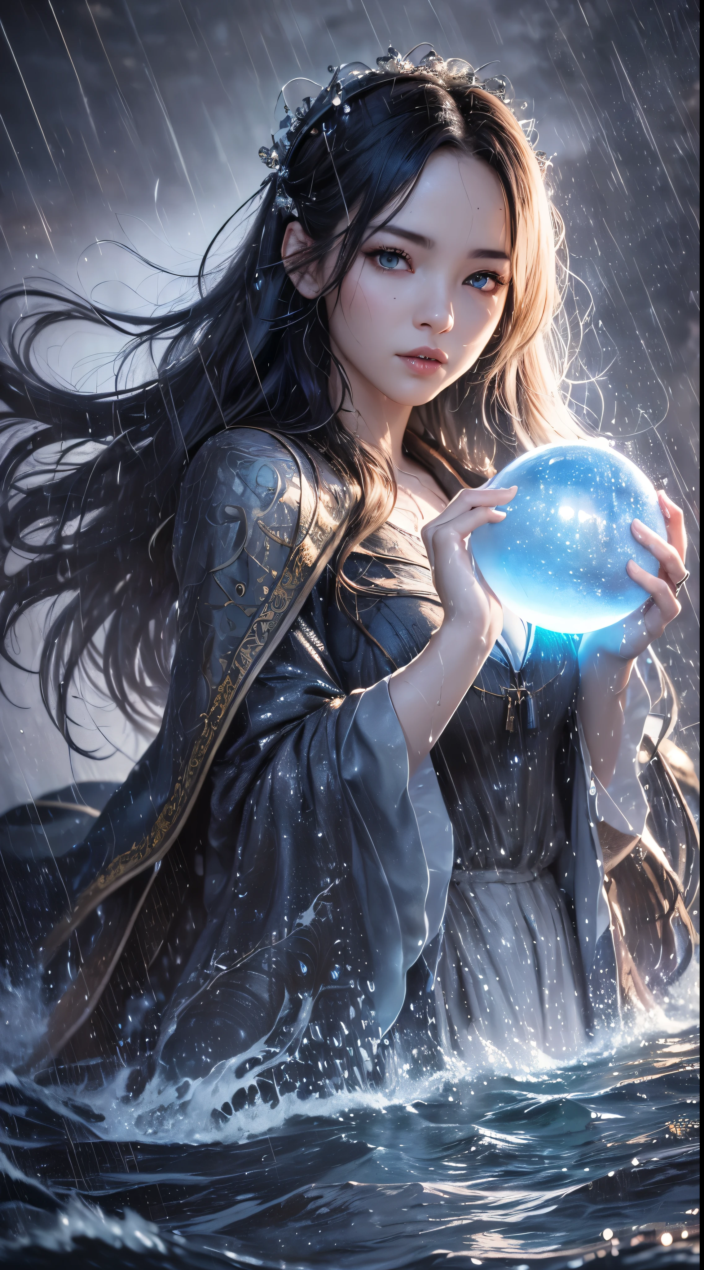 (skin dents:1.5), realistic, realistic, (table top:1.5), concept art, intricate details, very detailed, realistic, octane rendering, 8k, unreal engine, dynamic pose, highest quality, High resolution, (realistic face:1.1), (超realistic:1.1), ((full_body)), perfect eyes,(shiny skin:1.2), (((hairstyle))), (((完璧な手のvery detailed背景), haunted island, ((dynamic background)), ((lightning)), (light), (1 girl), wearing a cloak, (((flowing cloak))), ((fine eyes, high quality eyes, high quality face)), long hair, (((flowing hairstyle))), 1 girl ((controlling water)), (((whirlwind of water))), Ocean, tsunami, magic, (make a dramatic performance, written boundary depth, Bokeh, 4k, gothic, ((rain)), energy ball between hands