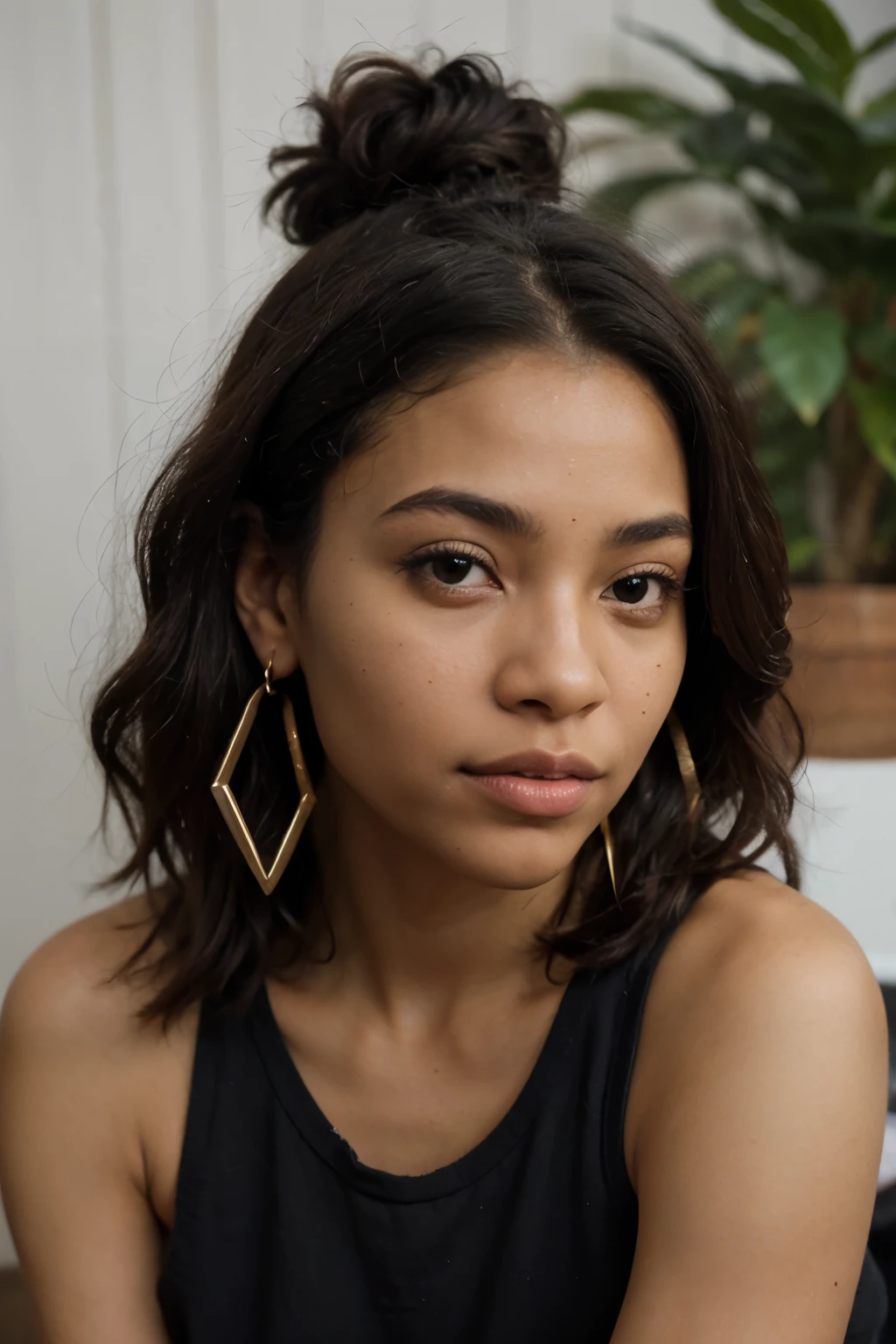 there is a woman in a blue top and gold hoop earrings, jovem negra, African facial features, foto de uma mulher negra, Retrato de Willow Smith, jovem negra, jovem afro-americana, seu rosto emoldurado por cachos, jovem africana de pele clara, corte de cabelo cacheado com parte do meio, afro encaracolado, medium close-up portrait, Salgueiro Smith Jovem, retrato em close - up
