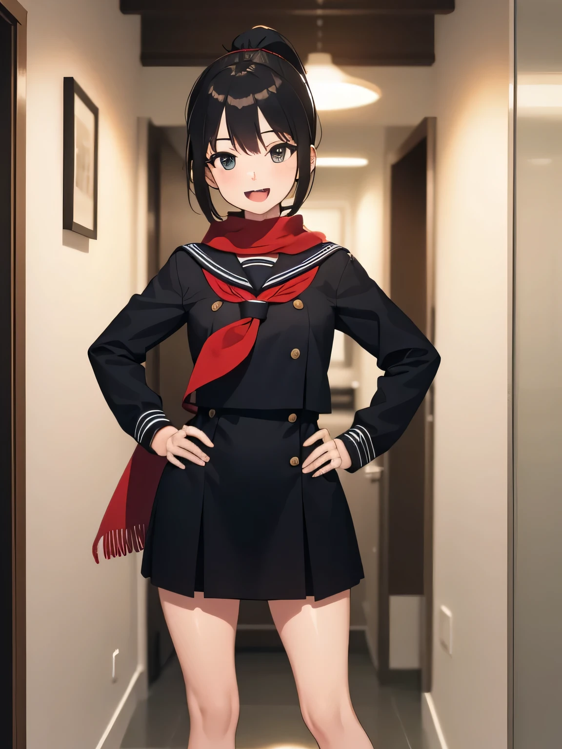 (8K raw photo, Best quality, masterpiece, ultra high res), 1girl, a beautiful girl, young female, cute girl, white skin, black hair, (ponytail:1.1), (short hair), black eyes, childish, smile, open mouth, Black sailor hanger girl with red scarf, short black sailor dress, hand on hip, focus on the face, look at the viewer, standing in front of the room door and surrounded by a hallway