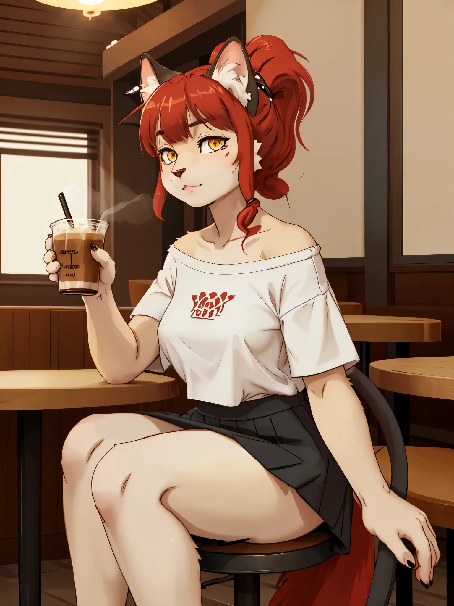 (A adult female siamese cat furry with scarled hair), kemono, black fur, black fur on ear's edge, ivory fur, yellow eyes, (scarlet curly ponytail hair with parting bangs), white cropped t-shirts, off-shoulders, blacl skirts, in cafe, sitting on cafe chair, holding ice coffee, leaning on table, elbows on table, drinking ice coffee