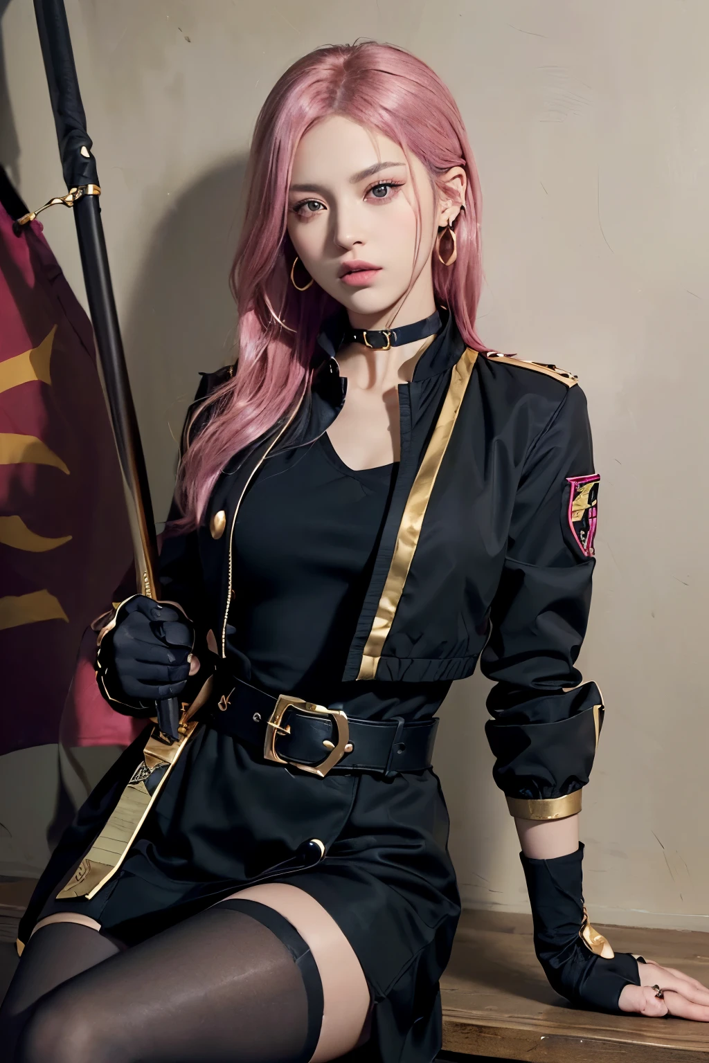 (8K, top-quality, masterpiece:1.2), (reallistic, Photorealsitic:1.37), Super Detail, One girl, (Highly detailed), (beautifully detailed eyes), (of the highest quality), (super detailed), (masterpiece), (Detailed face), 20yr old, 1 girl, (pink hair, long hair), medium breasts, clothed, Perfect Lighting, BREAK, (black bolero jacket:1.3), (gold buttons:1.4), (black dress:1.5), (gold lines:1.4), (knee length skirt:1.3), (flared hem:1.3), (black belt:1.4), (neo zeon buckle:1.5), (black choker:1.4), (black stockings:1.3), (black pumps:1.4), (black gloves:1.3), (gold earrings:1.4), BRAKE, (upper body to knee shot:1.3), (side parted hair:1.3), (wavy hair:1.3), (short bangs:1.3), (sharp eyes:1.4), (thin lips:1.3), (lowered eyebrows:1.4), (right hand on waist:1.3), (left hand holding jacket collar:1.4), (right leg forward:1.3), (left leg backward:1.3), (body slightly tilted to right:1.3), (showing side face to camera:1.4), (neo zeon flag on wall:1.5), (red and black flag:1.4), (neo zeon mark on flag:1.5), (light from top left:1.3), (shadow on right side:1.3), (strong light:1.4), (highlighting contour and texture:1.5)