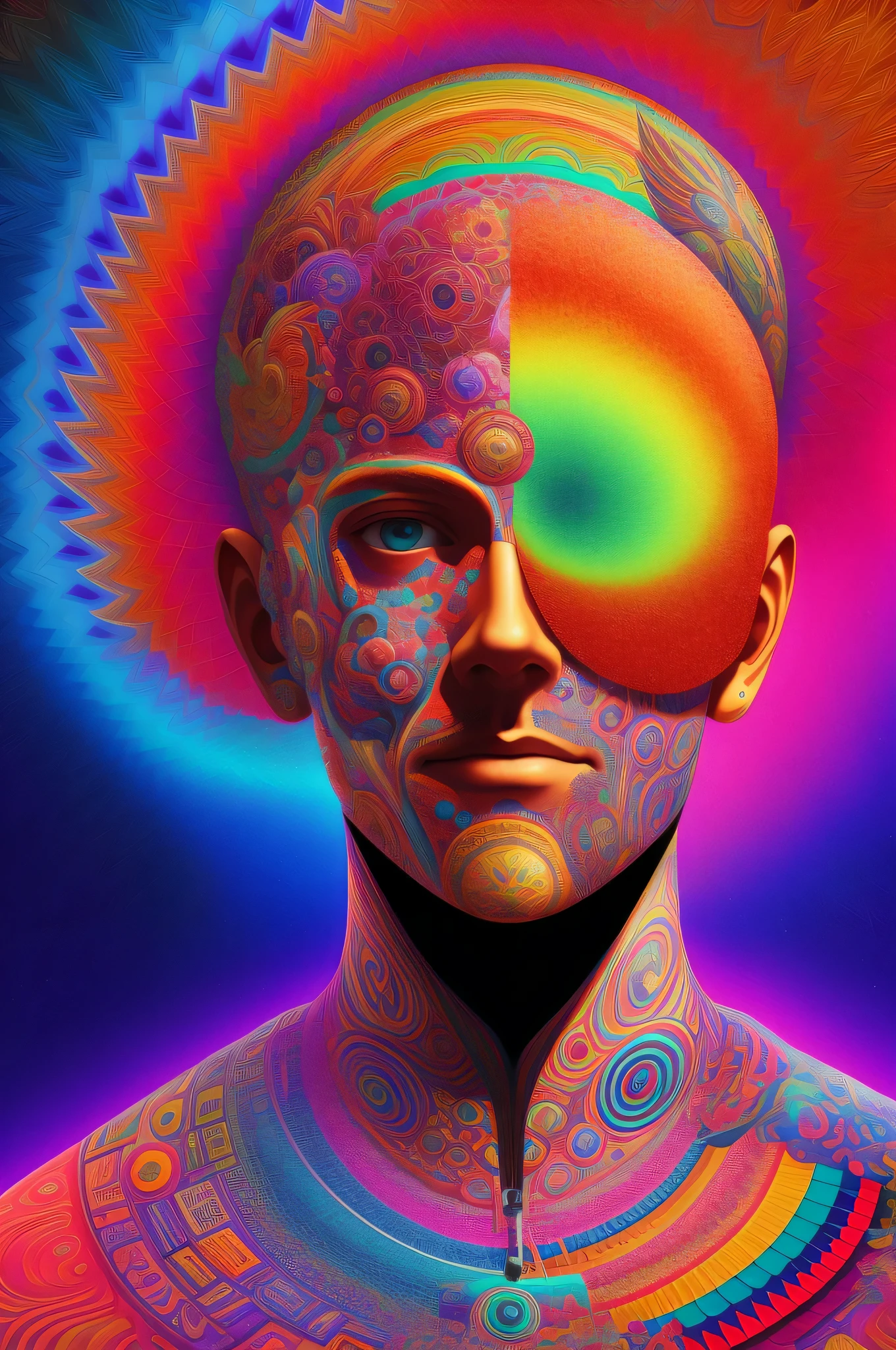 a painting of a giant head with a lot of ordinary things, psychedelic surreal art, estilo dan mumford e alex grey, psychedelic illustration, hyper detailed visionary art, Hyper Visionary Art - Detailed, psychedelic artwork, surreal + altamente detalhado, arte digital altamente detalhada 4k, arte psytrance, Directed by: Justino Geraldo, arte digital detalhada 4K, Arte Trippy, Surreal psychedelic design, desenho camiseta