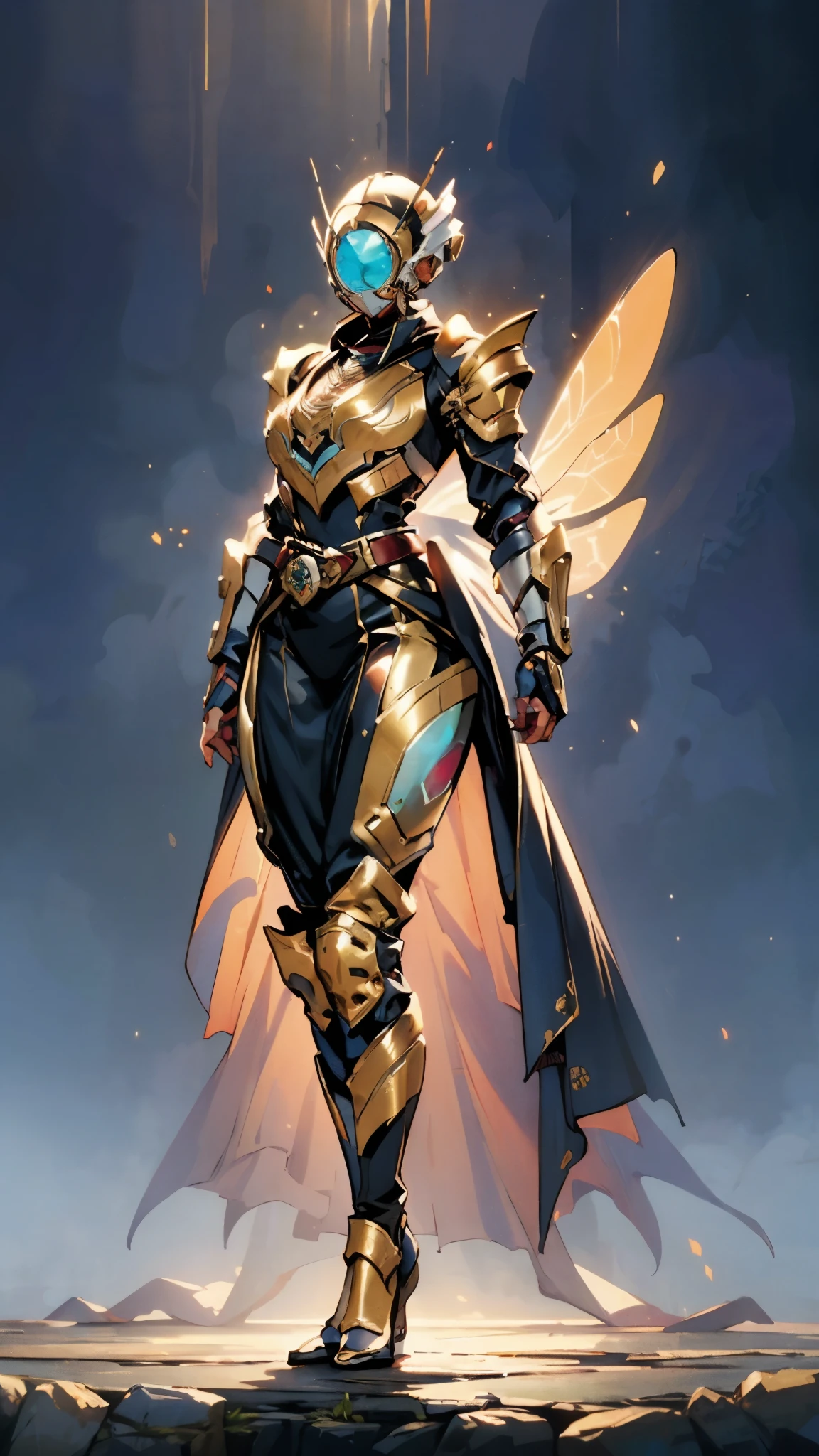 A woman adorned in fantasy-style full-body armor, a crown-concept fully enclosed helmet that unveils only her eyes, a composite layered chest plate, fully encompassing shoulder and hand guards, a lightweight waist armor, form-fitting shin guards, the overall design is heavy-duty yet flexible, (the armor gleams with a golden glow, complemented by red and blue accents), exhibiting a noble aura, she floats above a fantasy-surreal high-tech city, this character embodies a finely crafted fantasy-surreal style armored hero in anime style, exquisite and mature manga art style, (mixture of Queen bee and Spider concept Armor, plasma), ((Element, elegant, goddess, femminine:1.5)), metallic, high definition, best quality, highres, ultra-detailed, ultra-fine painting, extremely delicate, professional, anatomically correct, symmetrical face, extremely detailed eyes and face, high quality eyes, creativity, RAW photo, UHD, 32k, Natural light, cinematic lighting, masterpiece-anatomy-perfect, masterpiece:1.5