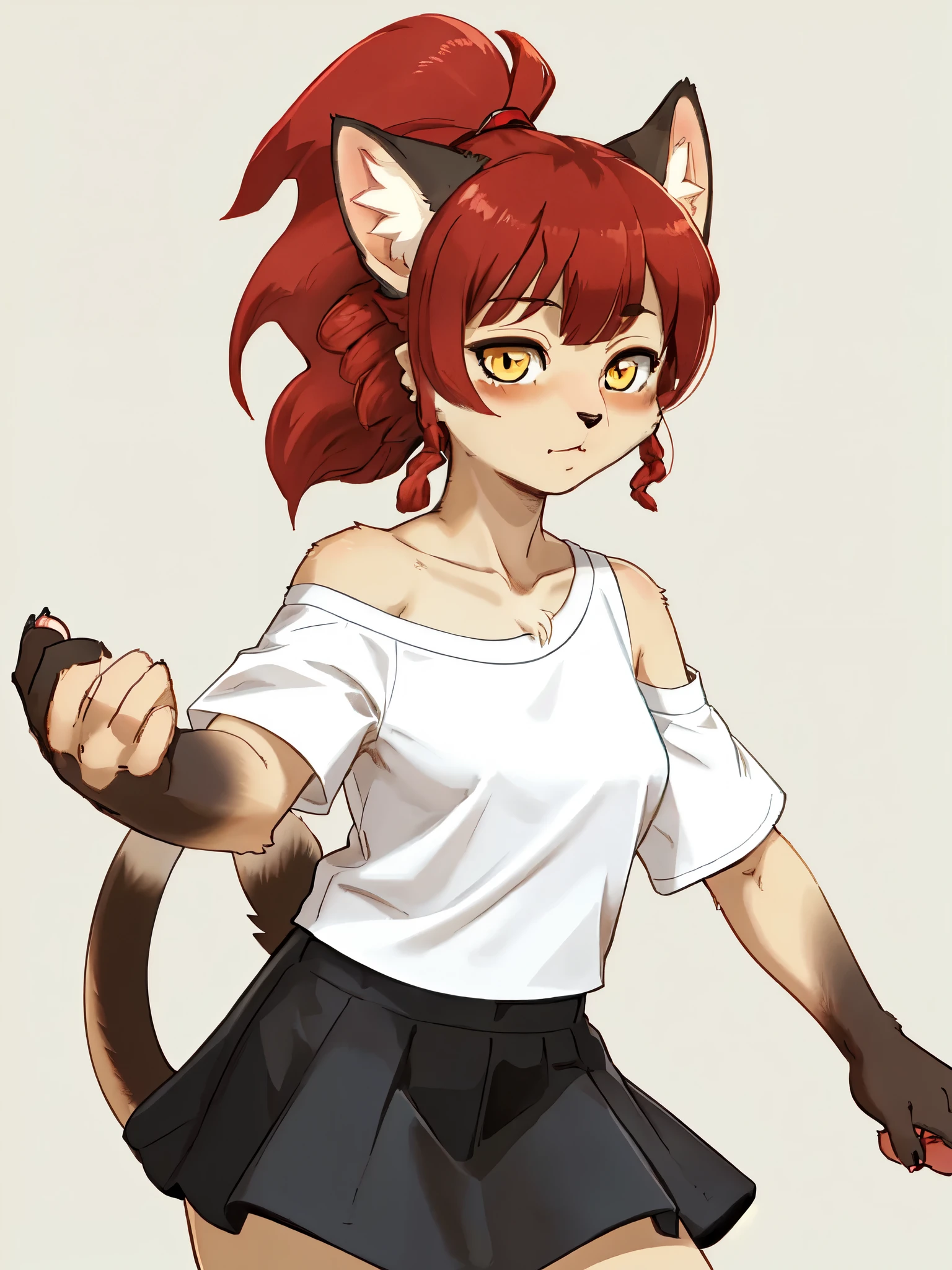 (A adult female siamese cat furry with scarled hair), kemono, black fur, black fur on ear's edge, ivory fur, yellow eyes, (scarlet curly ponytail hair with parting bangs), white cropped t-shirts, off-shoulders, blacl skirts, throwing a baseball
