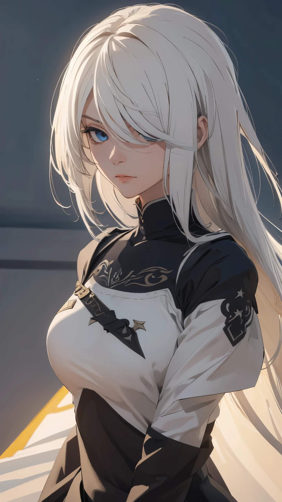 (extremely detailed CG unity 8k wallpaper), (masterpiece), (best quality), (ultra-detailed), (best illustration), (best shadow), (absurdres) ,(detailed eyes), 2b, 1girl, long hair, white hair, solo, Intimidating women, admiral uniform, night, hero pose, white clothes, General Uniform, Military Uniform, Sunlight, exposed to sunlight,commander, fighting pose, wearing cape