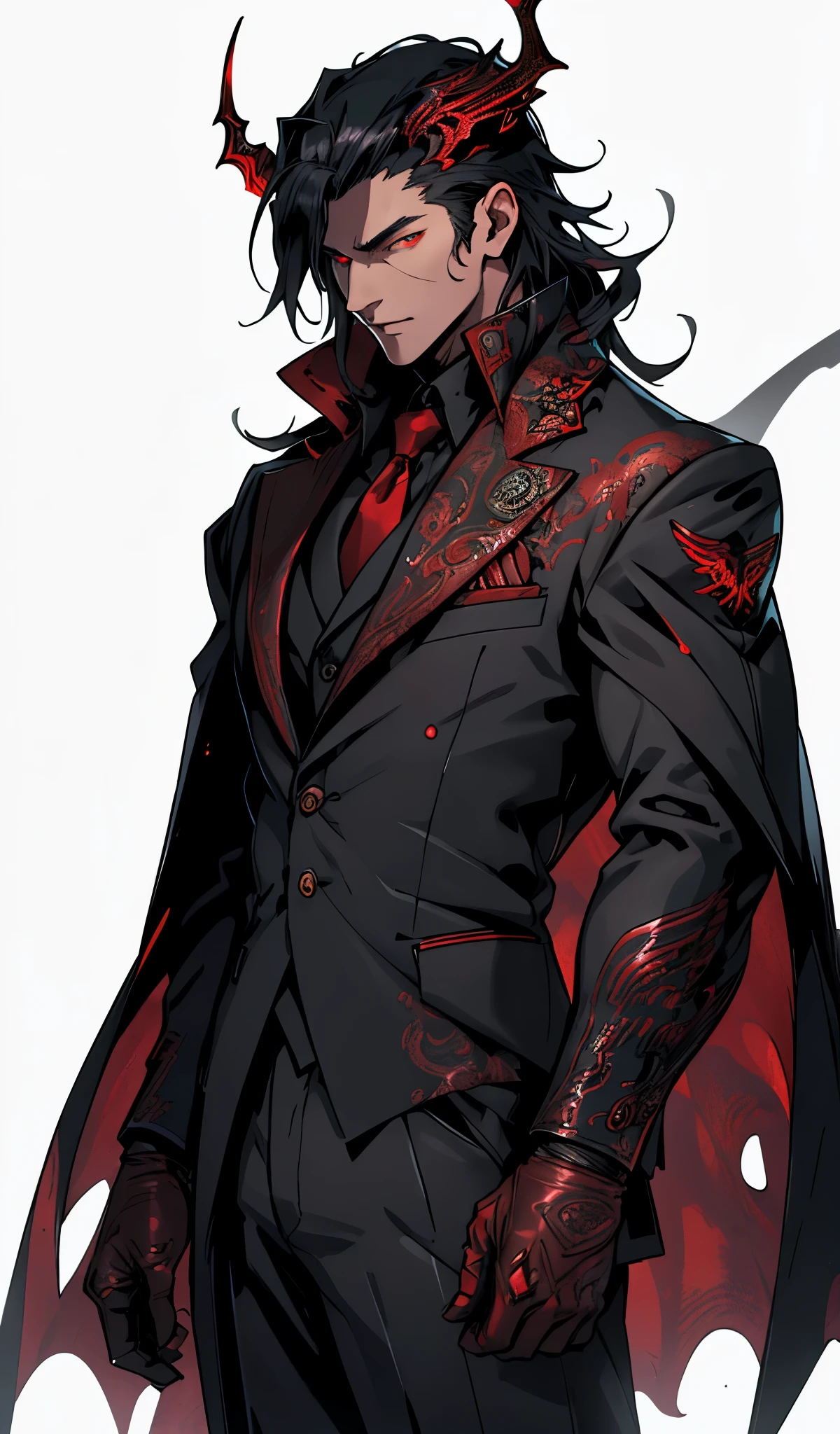 Ultra-detailed，high resolution，Ultra-detailed，Best quality，amazing，quality，Extremely detailed CG unified 8k wallpaper，pure white background，single character，Draw a male character，He is wearing a black Armani suit，colored hair，he has red wings，he has golden eyes，Cthulhu style，Demon Clan