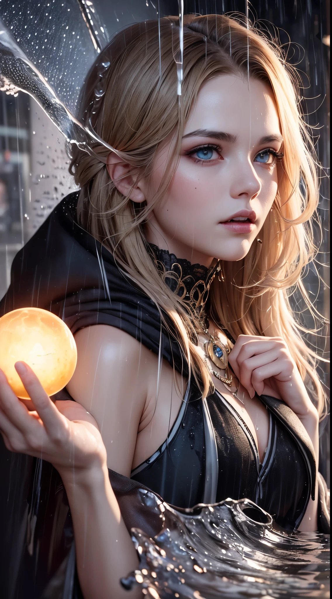 (skin dents:1.5), realistic, realistic, (table top:1.5), concept art, intricate details, very detailed, realistic, octane rendering, 8k, unreal engine, dynamic pose, highest quality, High resolution, (realistic face:1.1), (超realistic:1.1), ((full_body)), perfect eyes,(shiny skin:1.2), (((hairstyle))), (((完璧な手のvery detailed背景), haunted island, ((dynamic background)), ((lightning)), (light), (1 girl), wearing a cloak, (((flowing cloak))), ((fine eyes, high quality eyes, high quality face)), long hair, (((flowing hairstyle))), 1 girl ((Control the water)), (((whirlwind of water))), Ocean, tsunami, magic, (create a dramatic, Depth of the bounds written, Bokeh, 4k, gothic, ((rain)), energy ball between hands