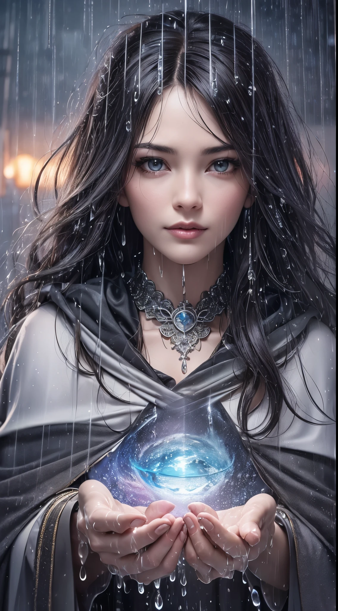 (skin dents:1.5), realistic, realistic, (table top:1.5), concept art, intricate details, very detailed, realistic, octane rendering, 8k, unreal engine, dynamic pose, highest quality, High resolution, (realistic face:1.1), (超realistic:1.1), ((full_body)), perfect eyes,(shiny skin:1.2), (((hairstyle))), (((完璧な手のvery detailed背景), haunted island, ((dynamic background)), ((lightning)), (light), (1 girl), wearing a cloak, (((flowing cloak))), ((fine eyes, high quality eyes, high quality face)), long hair, (((flowing hairstyle))), 1 girl ((Control the water)), (((whirlwind of water))), Ocean, tsunami, magic, (create a dramatic, Depth of the bounds written, Bokeh, 4k, gothic, ((rain)), energy ball between hands