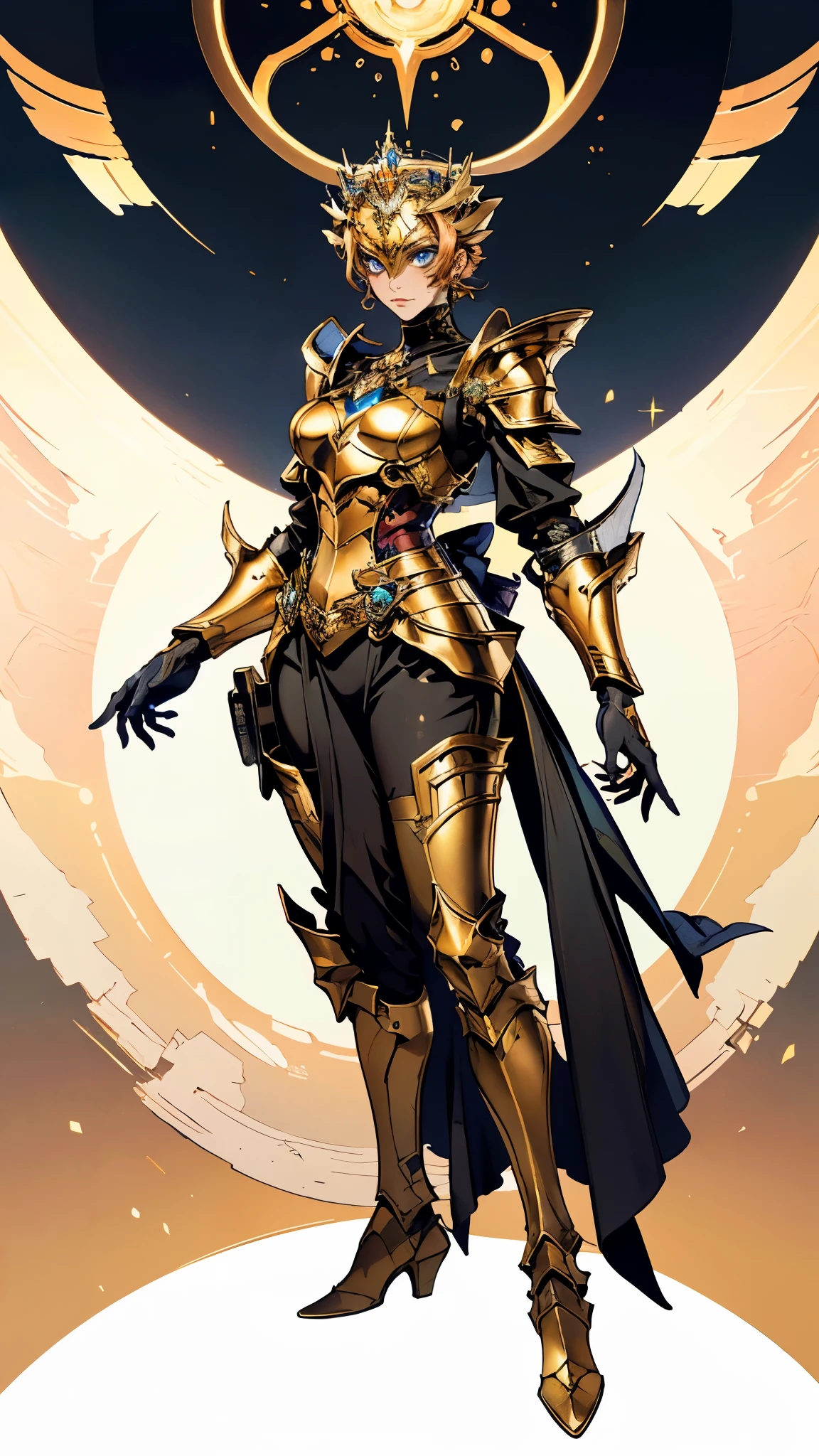 A woman adorned in fantasy-style full-body armor, a crown-concept fully enclosed helmet that unveils only her eyes, a composite layered chest plate, fully encompassing shoulder and hand guards, a lightweight waist armor, form-fitting shin guards, the overall design is heavy-duty yet flexible, (the armor gleams with a golden glow, complemented by red and blue accents), exhibiting a noble aura, she floats above a fantasy-surreal high-tech city, this character embodies a finely crafted fantasy-surreal style armored hero in anime style, exquisite and mature manga art style, (mixture of Queen bee and Spider concept Armor, plasma), ((Element, elegant, goddess, femminine:1.5)), metallic, high definition, best quality, highres, ultra-detailed, ultra-fine painting, extremely delicate, professional, anatomically correct, symmetrical face, extremely detailed eyes and face, high quality eyes, creativity, RAW photo, UHD, 32k, Natural light, cinematic lighting, masterpiece-anatomy-perfect, masterpiece:1.5