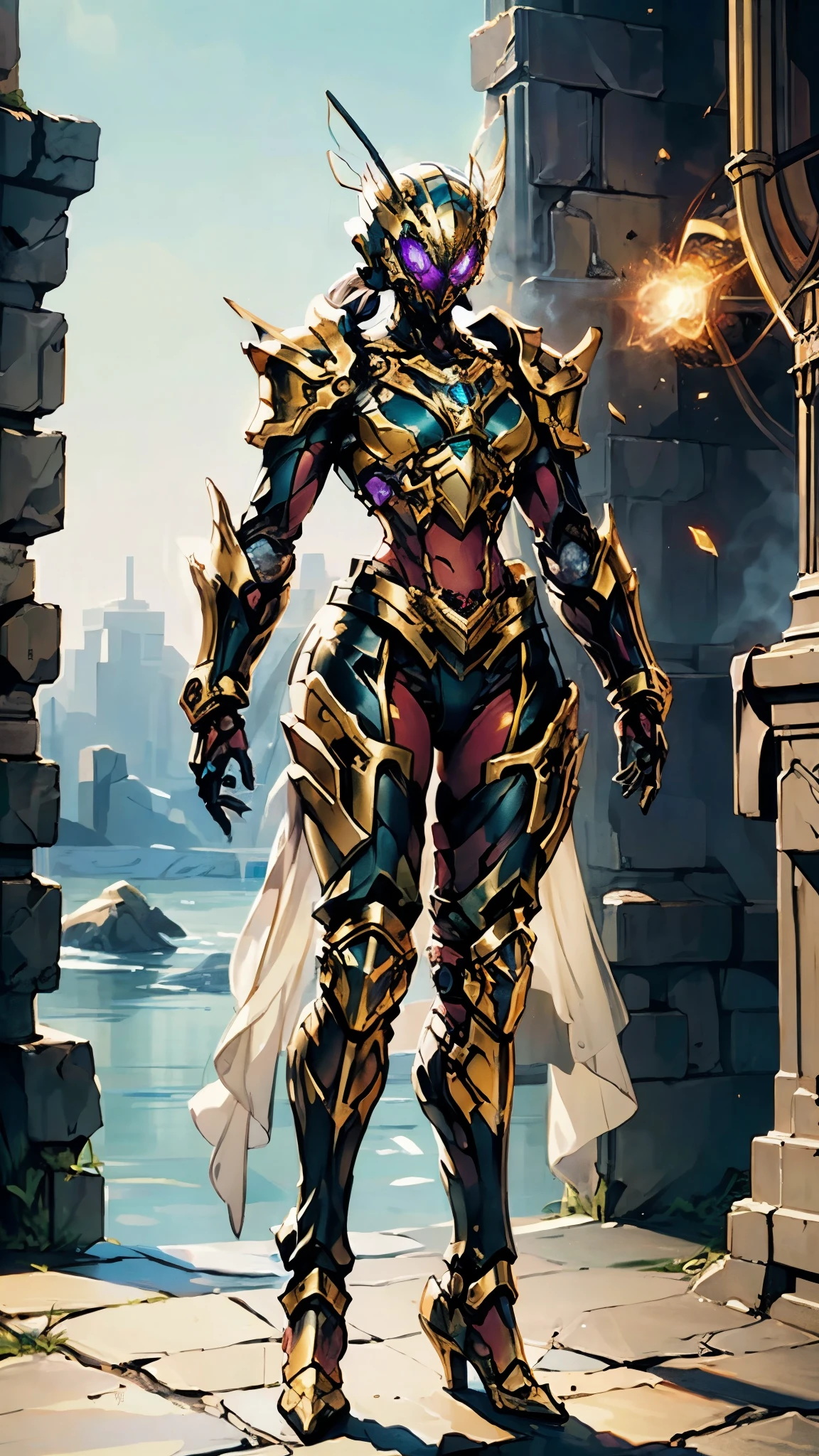 A woman adorned in fantasy-style full-body armor, a crown-concept fully enclosed helmet that unveils only her eyes, a composite layered chest plate, fully encompassing shoulder and hand guards, a lightweight waist armor, form-fitting shin guards, the overall design is heavy-duty yet flexible, (the armor gleams with a golden glow, complemented by red and blue accents), exhibiting a noble aura, she floats above a fantasy-surreal high-tech city, this character embodies a finely crafted fantasy-surreal style armored hero in anime style, exquisite and mature manga art style, (mixture of Queen bee and Spider concept Armor, plasma), ((Element, elegant, goddess, femminine:1.5)), metallic, high definition, best quality, highres, ultra-detailed, ultra-fine painting, extremely delicate, professional, anatomically correct, symmetrical face, extremely detailed eyes and face, high quality eyes, creativity, RAW photo, UHD, 32k, Natural light, cinematic lighting, masterpiece-anatomy-perfect, masterpiece:1.5