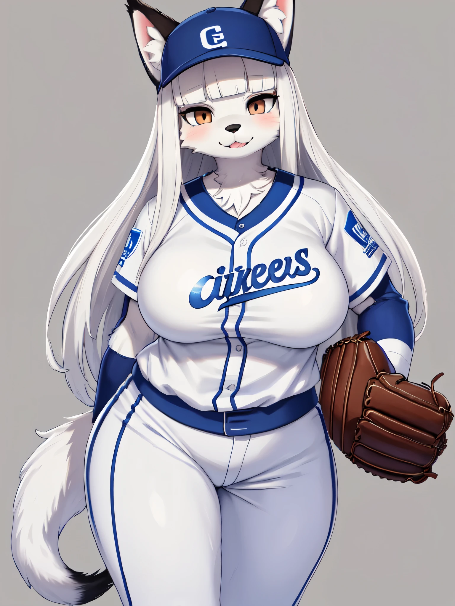 (a huge black female wolf furry), black fur, short muzzle, cat-like face, white pattern on forehead, white patterns from muzzle to forehead, white patterns on belly, white patterns on hand and legs, long white hair, straight bangs, brown eyes, kemomo, bbw, plump, cute background, fang, small mouth opened, baseball unifrom, samsung lions baseball team, samsung lions uniform, blue baseball uniform, white baseball pants, huge breasts, baseball glove, holding baseball with four-seam grip