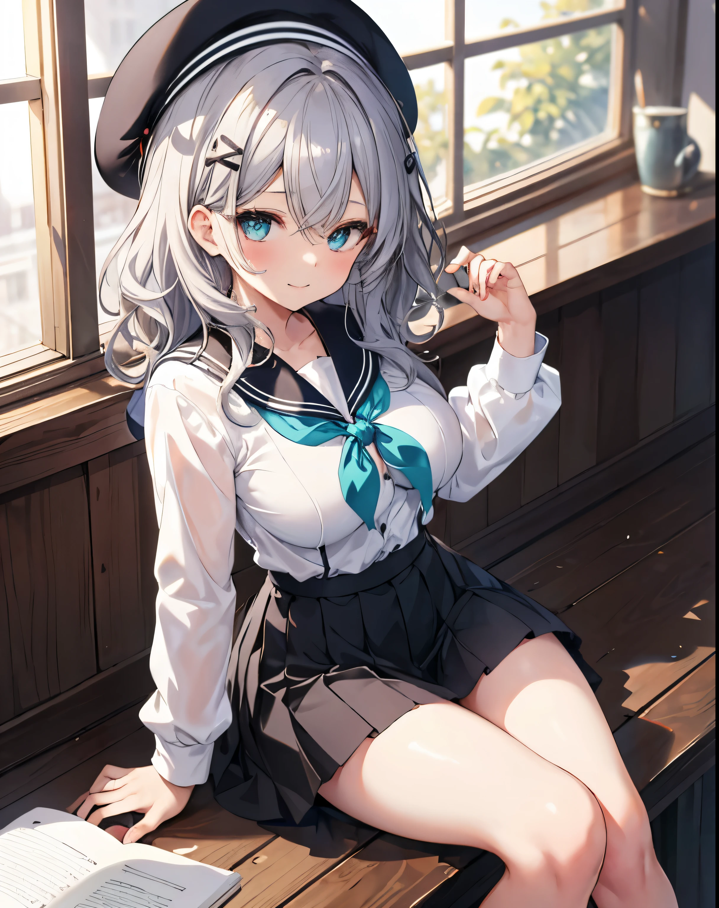 masterpiece,1girl, sparrow, a silver haired girl, wearing a sailor uniform, curly medium hair, messy hair, black skirt, slim body, big breasts, she close her left eye, shirt ornament, lolippai, plain expression, beautiful breasts, rounded breasts, aqua eyes, dress, miniskirt, sit at calssroom, ahoge, beret, cherrful smile