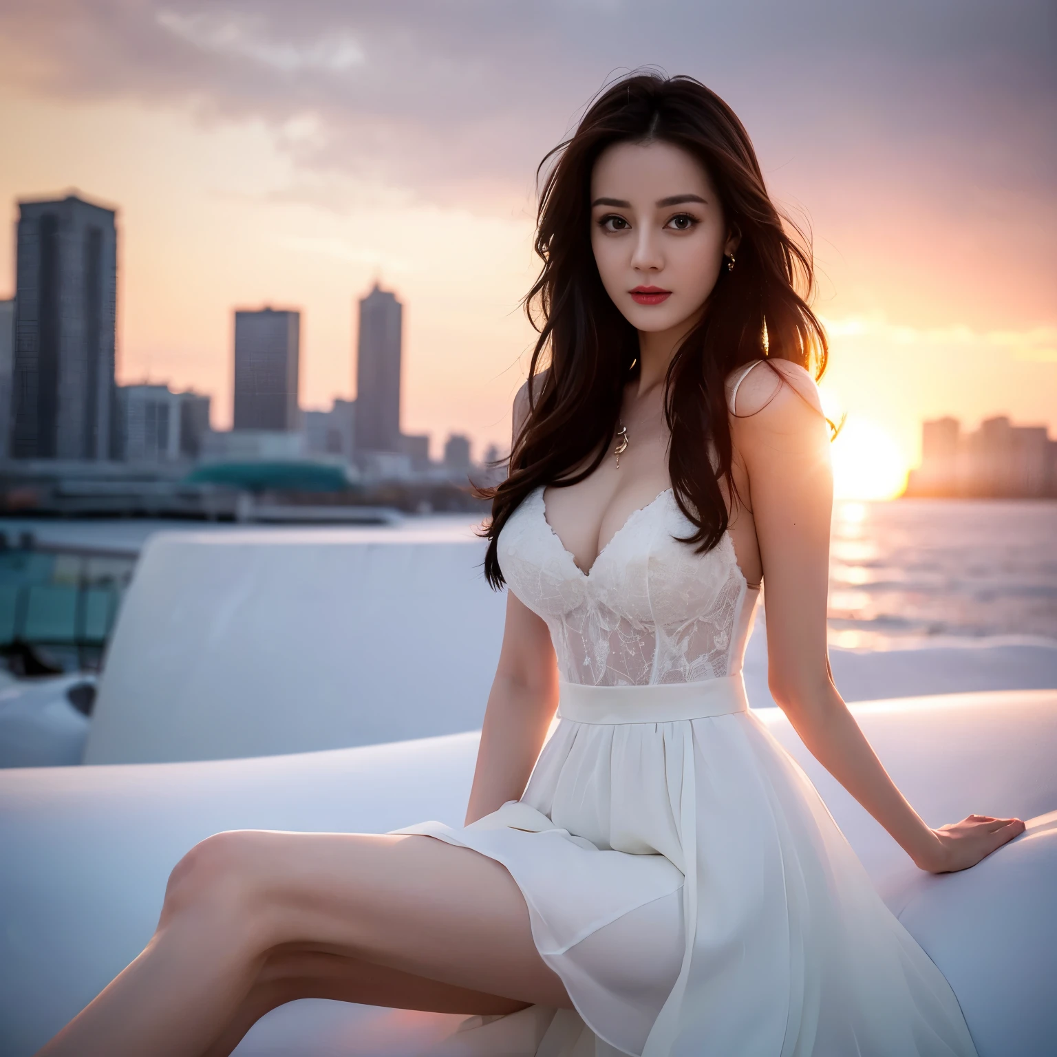 ((top quality、8k、​Masterpiece:1.3))、Extremely delicate and beautiful girl，full-body shot，huge breasts，bigger breasts，amazing breast size，H cup，Long skirts，sunset，sunset。Wear big earrings，Very white skin，moist red lips，Waist is very thin，Thighs are very thin，Big hips，Reveal a little，White and smooth skin，Smooth and fair skin，flawless skin，Fair and shiny skin，cold white skin，The camera focuses on the chest，bright light