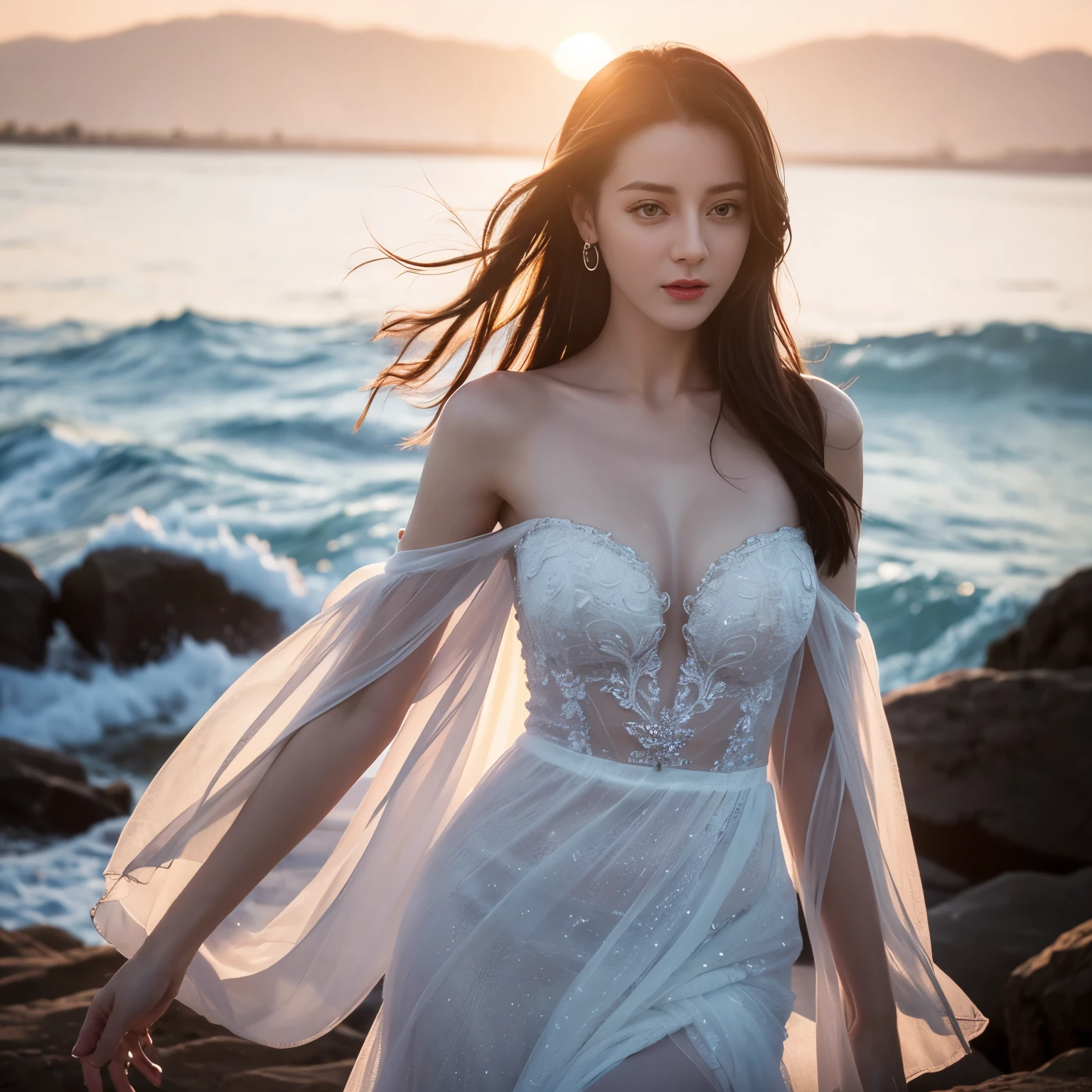 ((top quality、8k、​Masterpiece:1.3))、Extremely delicate and beautiful girl，full-body shot，huge breasts，bigger breasts，amazing breast size，H cup，Bandeau maxi dress，sunset，sunset。Wear big earrings，Very white skin，moist red lips，Waist is very thin，Thighs are very thin，Big hips，Reveal a little，White and smooth skin，Smooth and fair skin，flawless skin，Fair and shiny skin，cold white skin，The camera focuses on the chest，bright light