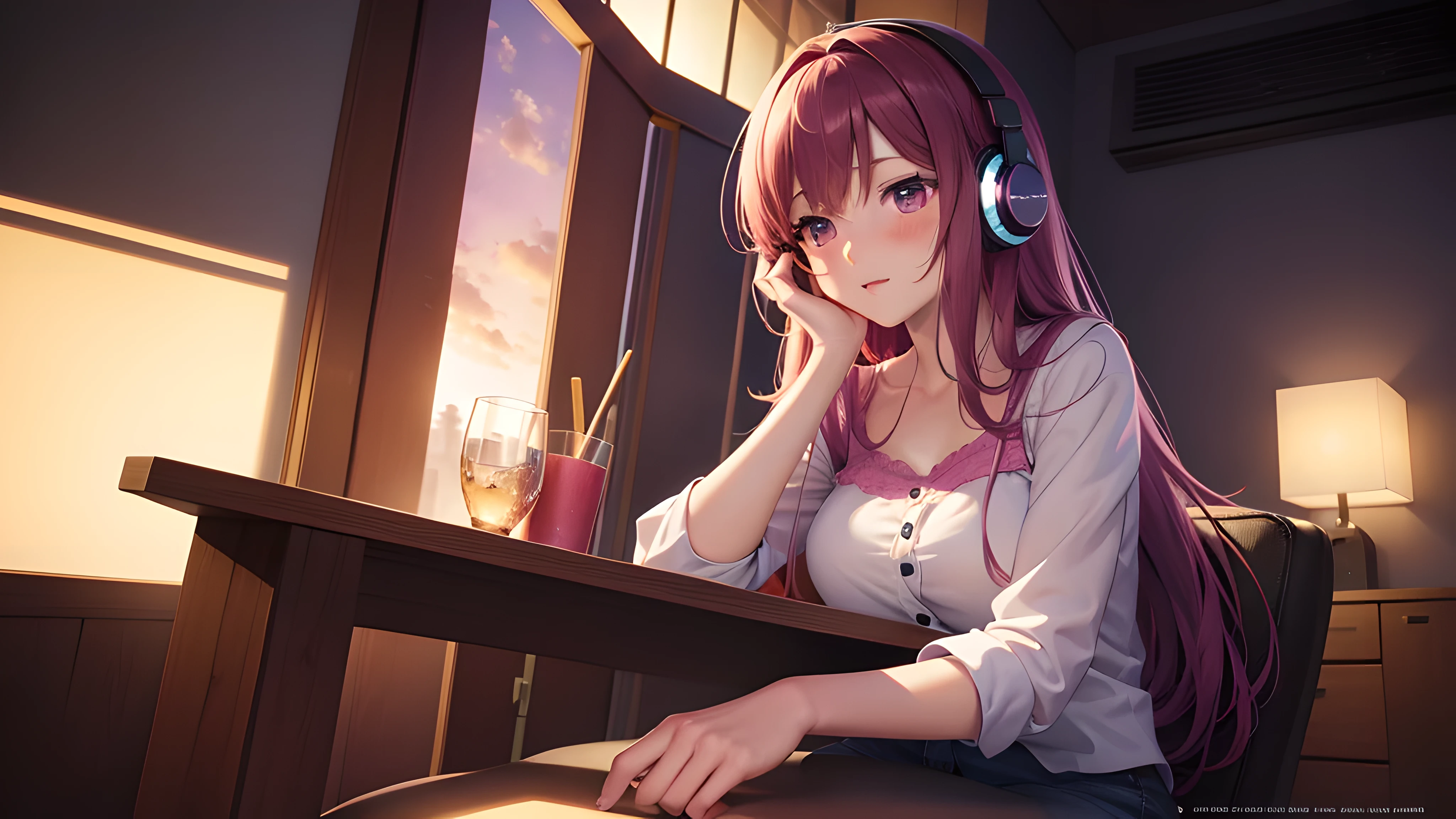 anime girl, sitting alone at the table, Lost in the world of music,
anime style 4k, lofi girl, anime art wallpaper,
cute girl anime visual, 4k anime wallpaper, anime wallpaper 4k, anime wallpaper 4k,
Hyper-realistic anime art wallpaper 8k, An immersive anime atmosphere,
lofi art style, headphones that cover the ears, Nightcore pulsating in the background,
Soft glow of the anime art wallpaper illuminating the room,
Detailed shadows and vivid colors, Bringing anime scenes to life.