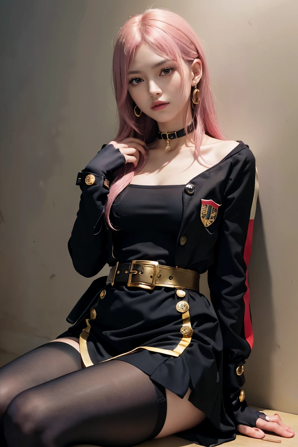 (8K, top-quality, masterpiece:1.2), (reallistic, Photorealsitic:1.37), Super Detail, One girl, (Highly detailed), (beautifully detailed eyes), (of the highest quality), (super detailed), (masterpiece), (Detailed face), 20yr old, 1 girl, (pink hair, long hair), medium breasts, clothed, Perfect Lighting, BREAK, (black bolero jacket:1.3), (gold buttons:1.4), (black dress:1.5), (gold lines:1.4), (knee length skirt:1.3), (flared hem:1.3), (black belt:1.4), (neo zeon buckle:1.5), (black choker:1.4), (black stockings:1.3), (black pumps:1.4), (black gloves:1.3), (gold earrings:1.4), BRAKE, (upper body to knee shot:1.3), (side parted hair:1.3), (wavy hair:1.3), (short bangs:1.3), (sharp eyes:1.4), (thin lips:1.3), (lowered eyebrows:1.4), (right hand on waist:1.3), (left hand holding jacket collar:1.4), (right leg forward:1.3), (left leg backward:1.3), (body slightly tilted to right:1.3), (showing side face to camera:1.4), (neo zeon flag on wall:1.5), (red and black flag:1.4), (neo zeon mark on flag:1.5), (light from top left:1.3), (shadow on right side:1.3), (strong light:1.4), (highlighting contour and texture:1.5)