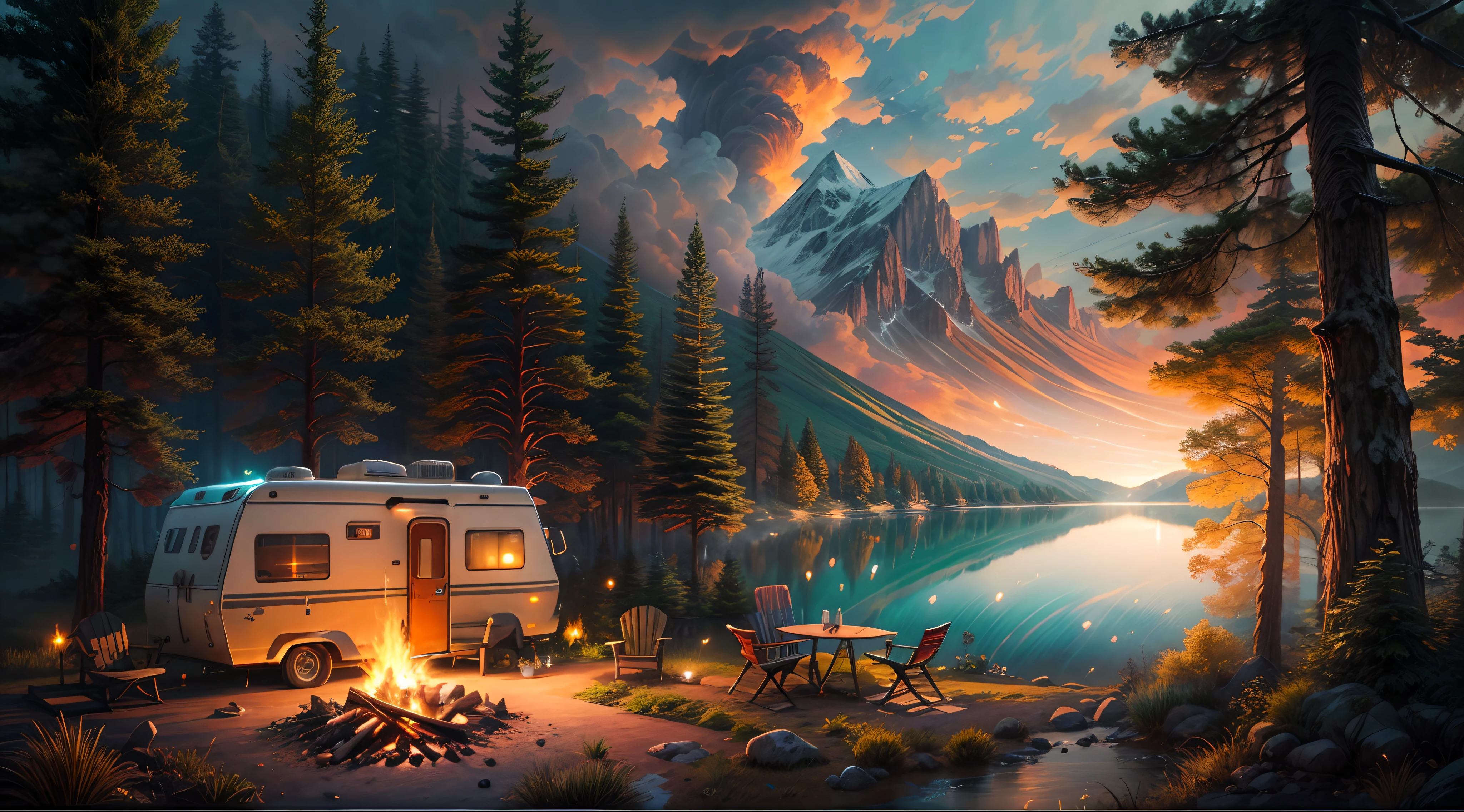 This masterpiece of concept art depicts a cozy camping trip, Features a medium shot of the RV, Light a small bonfire nearby. The scene is set against a tranquil backdrop of pine trees, Fluffy clouds float above the picturesque mountain lake. Vibrant colors and the interplay of light and shadow create an enchanting atmosphere. High-resolution images reveal intricate details, Detailed rendering of the RV and surrounding elements. Artist skillfully captures the essence of a peaceful camping experience, Highlight the warmth and tranquility of the natural environment. The use of volumetric lighting and global illumination adds a touch of realism, Elevate the overall atmosphere. Get ready to be immersed in this HD artwork, Every detail is carefully designed，Create a sense of calm and tranquility.