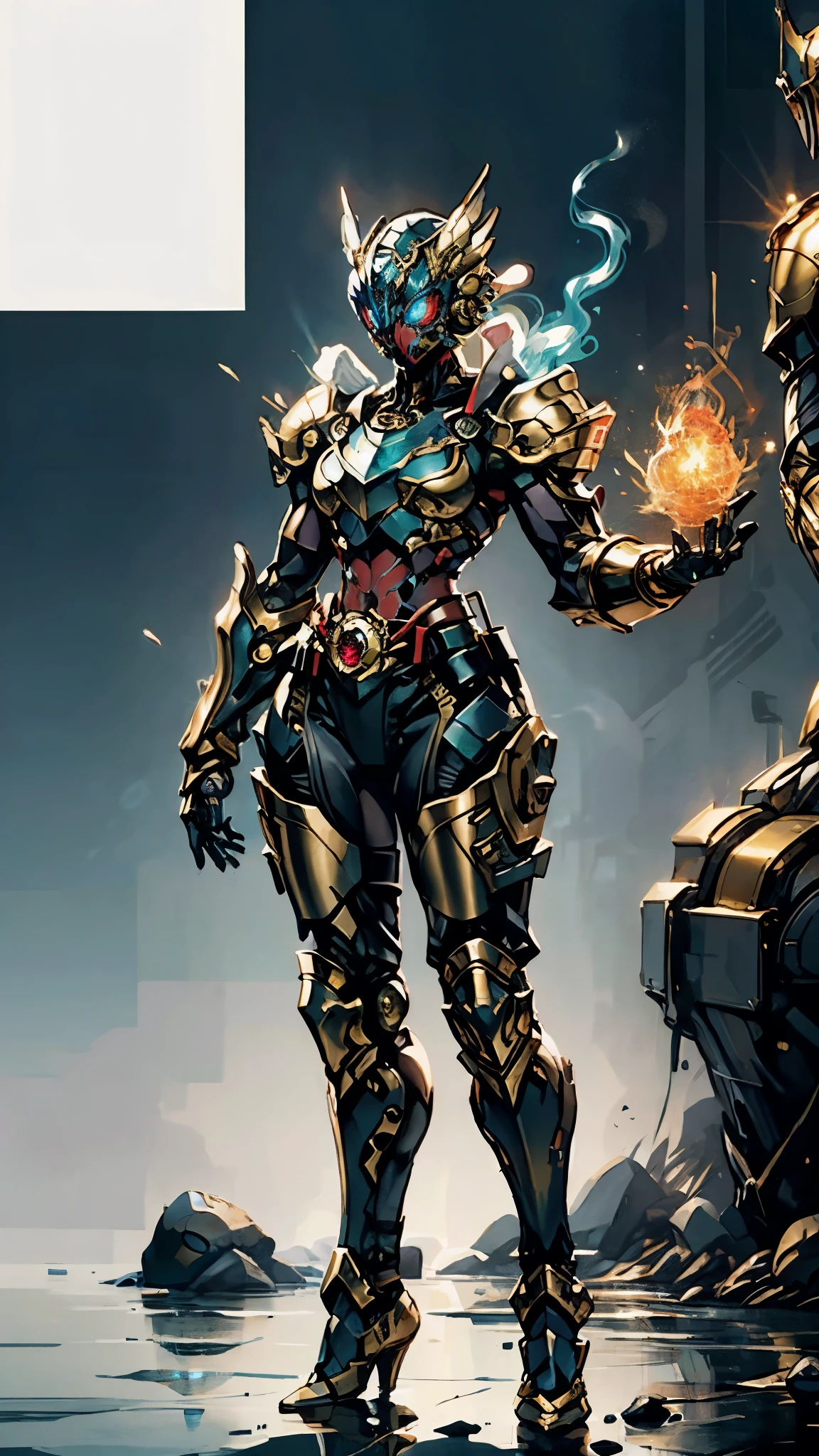 A woman adorned in fantasy-style full-body armor, a crown-concept fully enclosed helmet that unveils only her eyes, a composite layered chest plate, fully encompassing shoulder and hand guards, a lightweight waist armor, form-fitting shin guards, the overall design is heavy-duty yet flexible, (the armor gleams with a golden glow, complemented by red and blue accents), exhibiting a noble aura, she floats above a fantasy-surreal high-tech city, this character embodies a finely crafted fantasy-surreal style armored hero in anime style, exquisite and mature manga art style, (mixture of Queen bee and Spider concept Armor, plasma), ((Element, elegant, goddess, femminine:1.5)), metallic, high definition, best quality, highres, ultra-detailed, ultra-fine painting, extremely delicate, professional, anatomically correct, symmetrical face, extremely detailed eyes and face, high quality eyes, creativity, RAW photo, UHD, 32k, Natural light, cinematic lighting, masterpiece-anatomy-perfect, masterpiece:1.5