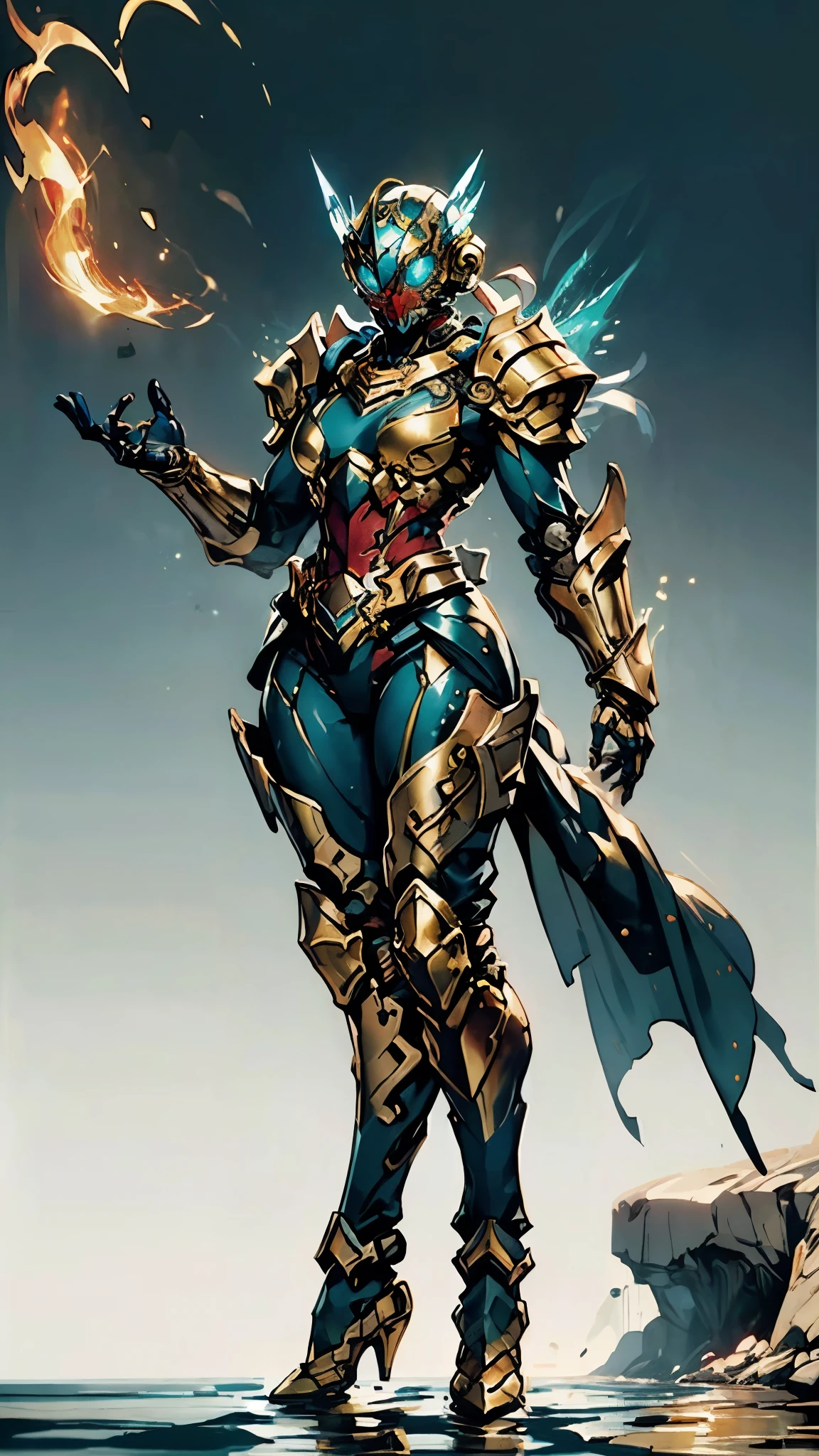 A woman adorned in fantasy-style full-body armor, a crown-concept fully enclosed helmet that unveils only her eyes, a composite layered chest plate, fully encompassing shoulder and hand guards, a lightweight waist armor, form-fitting shin guards, the overall design is heavy-duty yet flexible, (the armor gleams with a golden glow, complemented by red and blue accents), exhibiting a noble aura, she floats above a fantasy-surreal high-tech city, this character embodies a finely crafted fantasy-surreal style armored hero in anime style, exquisite and mature manga art style, (mixture of Queen bee and Spider concept Armor, plasma), ((Element, elegant, goddess, femminine:1.5)), metallic, high definition, best quality, highres, ultra-detailed, ultra-fine painting, extremely delicate, professional, anatomically correct, symmetrical face, extremely detailed eyes and face, high quality eyes, creativity, RAW photo, UHD, 32k, Natural light, cinematic lighting, masterpiece-anatomy-perfect, masterpiece:1.5