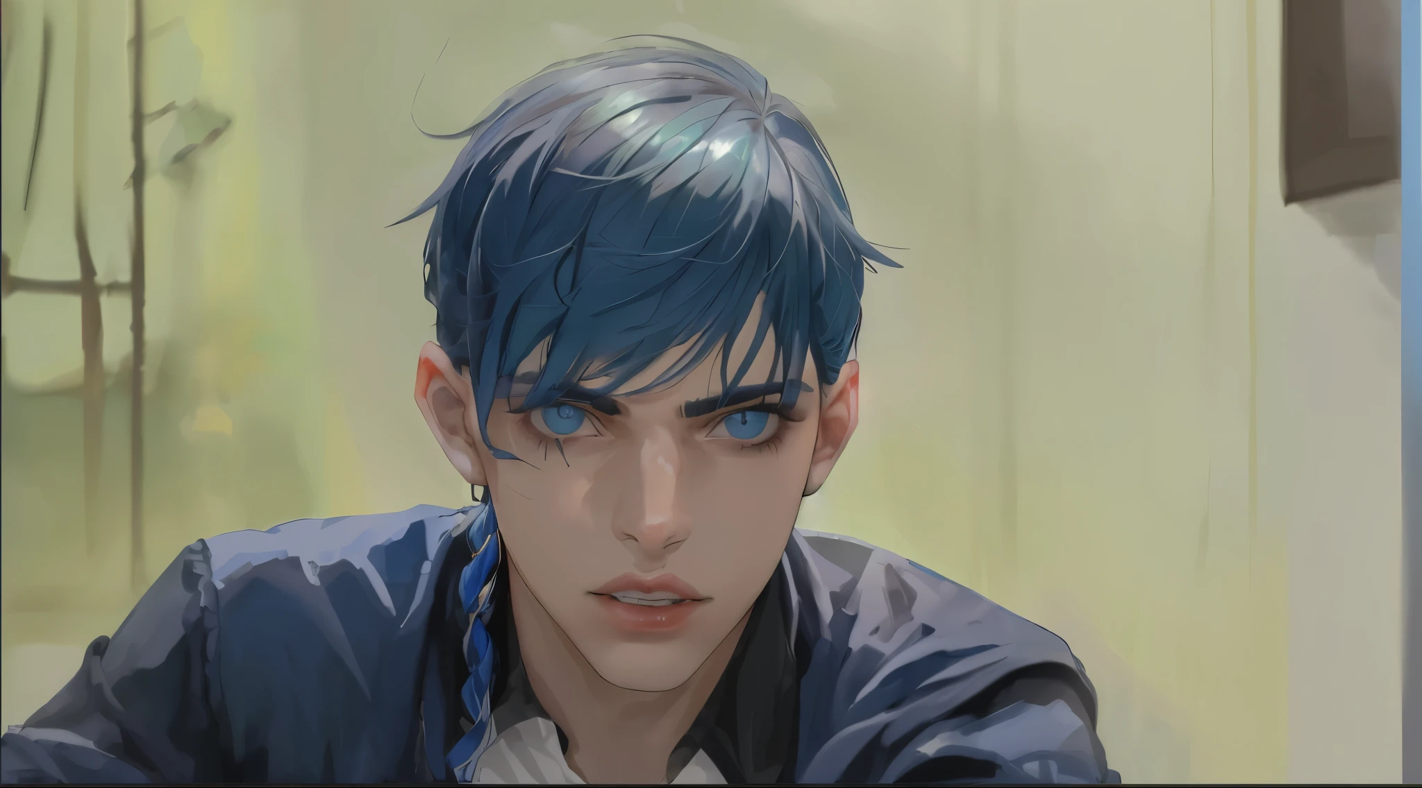 el joven de cabello plateado y ojos azules esta hablando tranquilamente mientras esta mirando a alguien