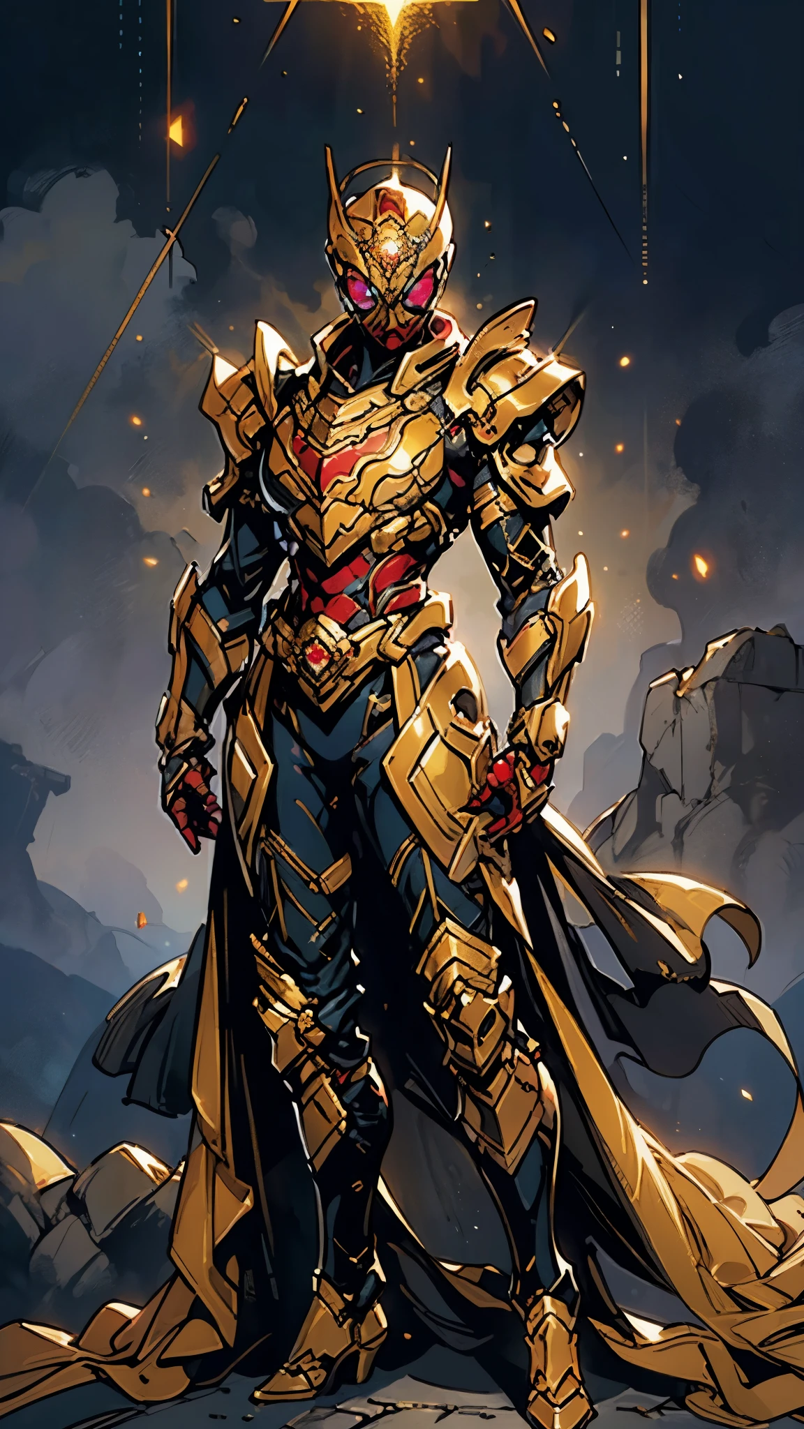 A woman adorned in fantasy-style full-body armor, a crown-concept fully enclosed helmet that unveils only her eyes, a composite layered chest plate, fully encompassing shoulder and hand guards, a lightweight waist armor, form-fitting shin guards, the overall design is heavy-duty yet flexible, (the armor gleams with a golden glow, complemented by red and blue accents), exhibiting a noble aura, she floats above a fantasy-surreal high-tech city, this character embodies a finely crafted fantasy-surreal style armored hero in anime style, exquisite and mature manga art style, (mixture of Queen bee and Spider concept Armor, plasma), ((Element, elegant, goddess, femminine:1.5)), metallic, high definition, best quality, highres, ultra-detailed, ultra-fine painting, extremely delicate, professional, anatomically correct, symmetrical face, extremely detailed eyes and face, high quality eyes, creativity, RAW photo, UHD, 32k, Natural light, cinematic lighting, masterpiece-anatomy-perfect, masterpiece:1.5