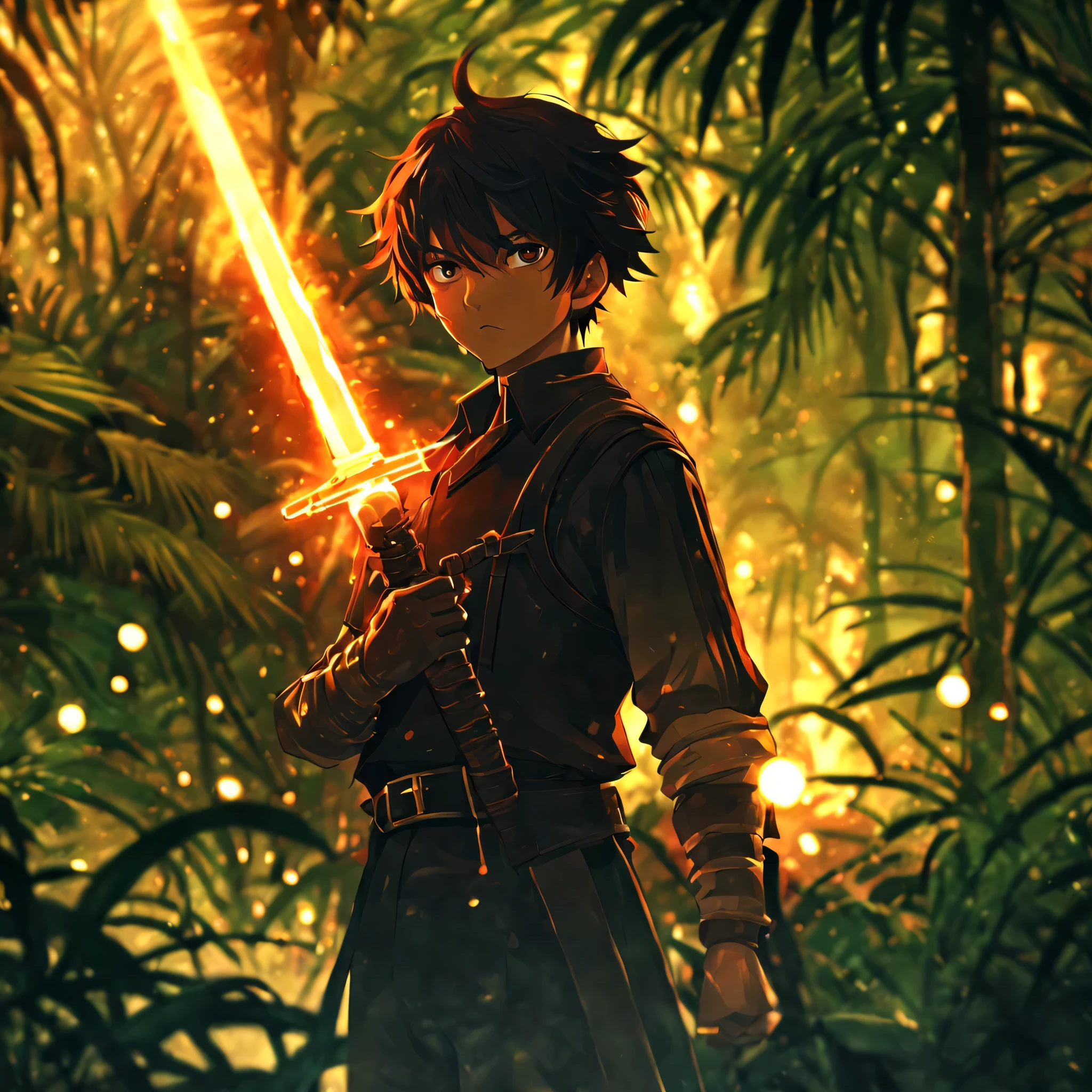 best quality,ultra-detailed,highres,masterpiece:1.2,photorealistic,professional,sharp, anime focus,studio lighting,vivid colors,bokeh,creepy background,fierce knight holding sword,fire in the jungle,intense image,male character, no glitch in image.